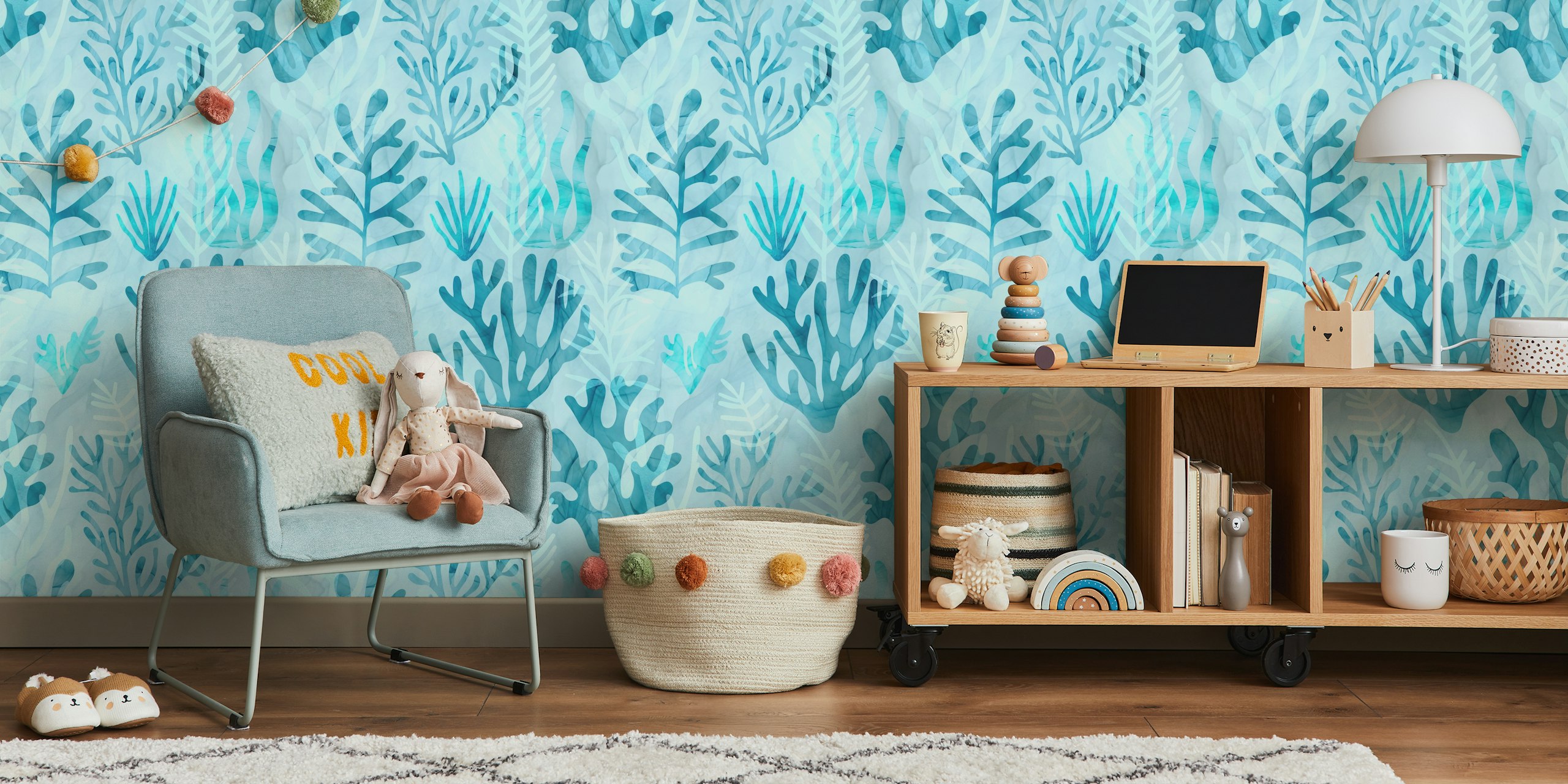 Papier peint motif sous-marin en corail teal.