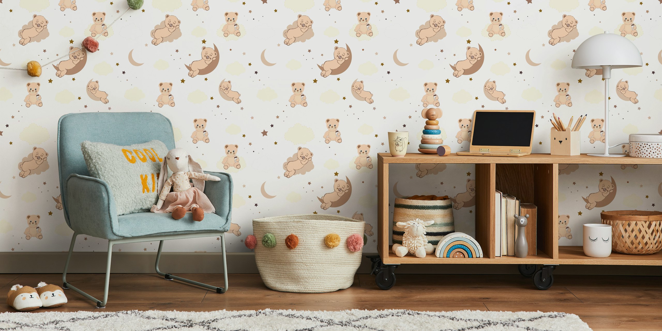 Cute teddy bear pattern with playful teddy illustrations and celestial elements on a wallpaper mural