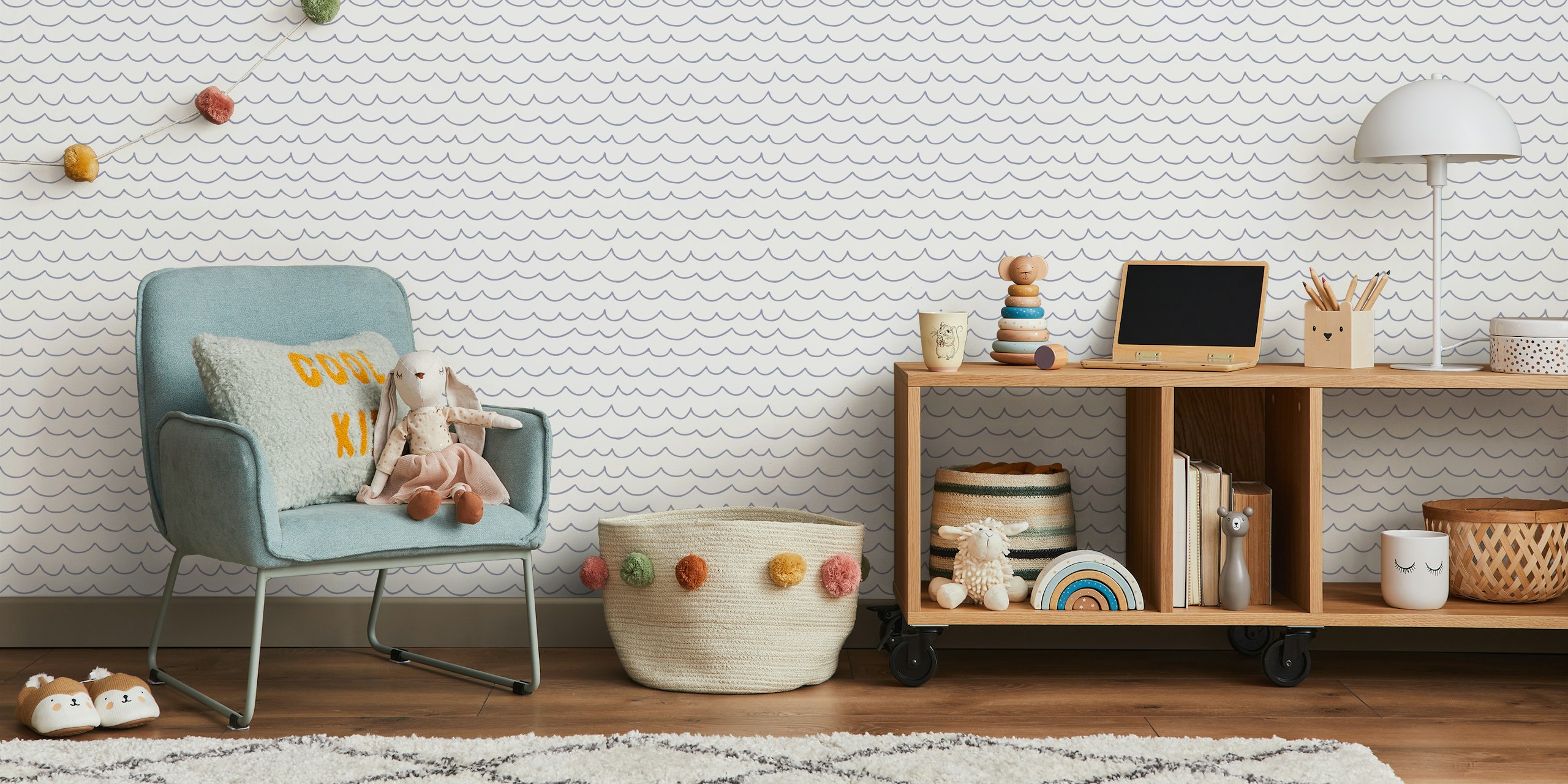 Navy wave pattern wallpaper on cream background