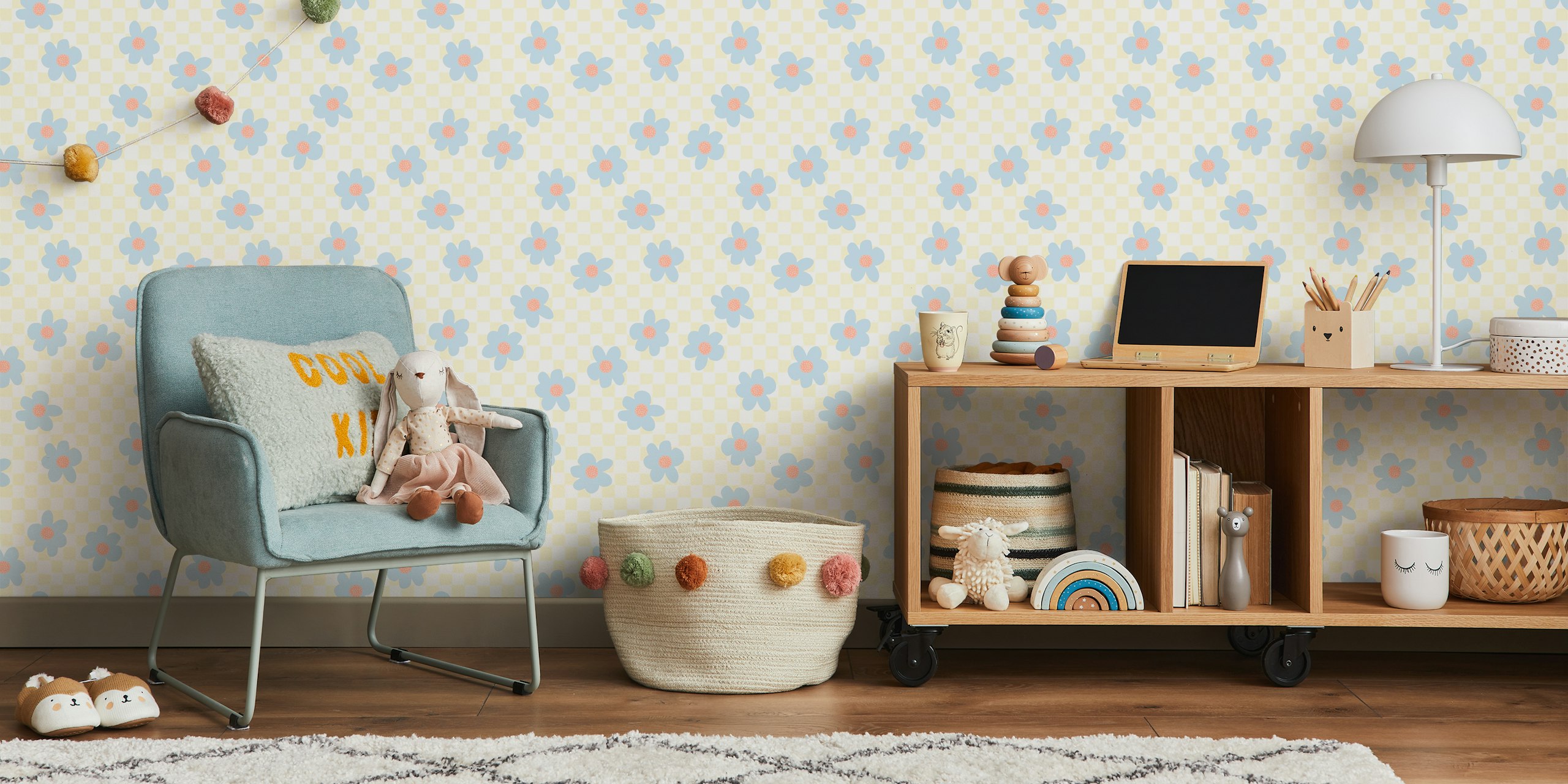 Blue flowers on a peach and white checkered background wallpaper