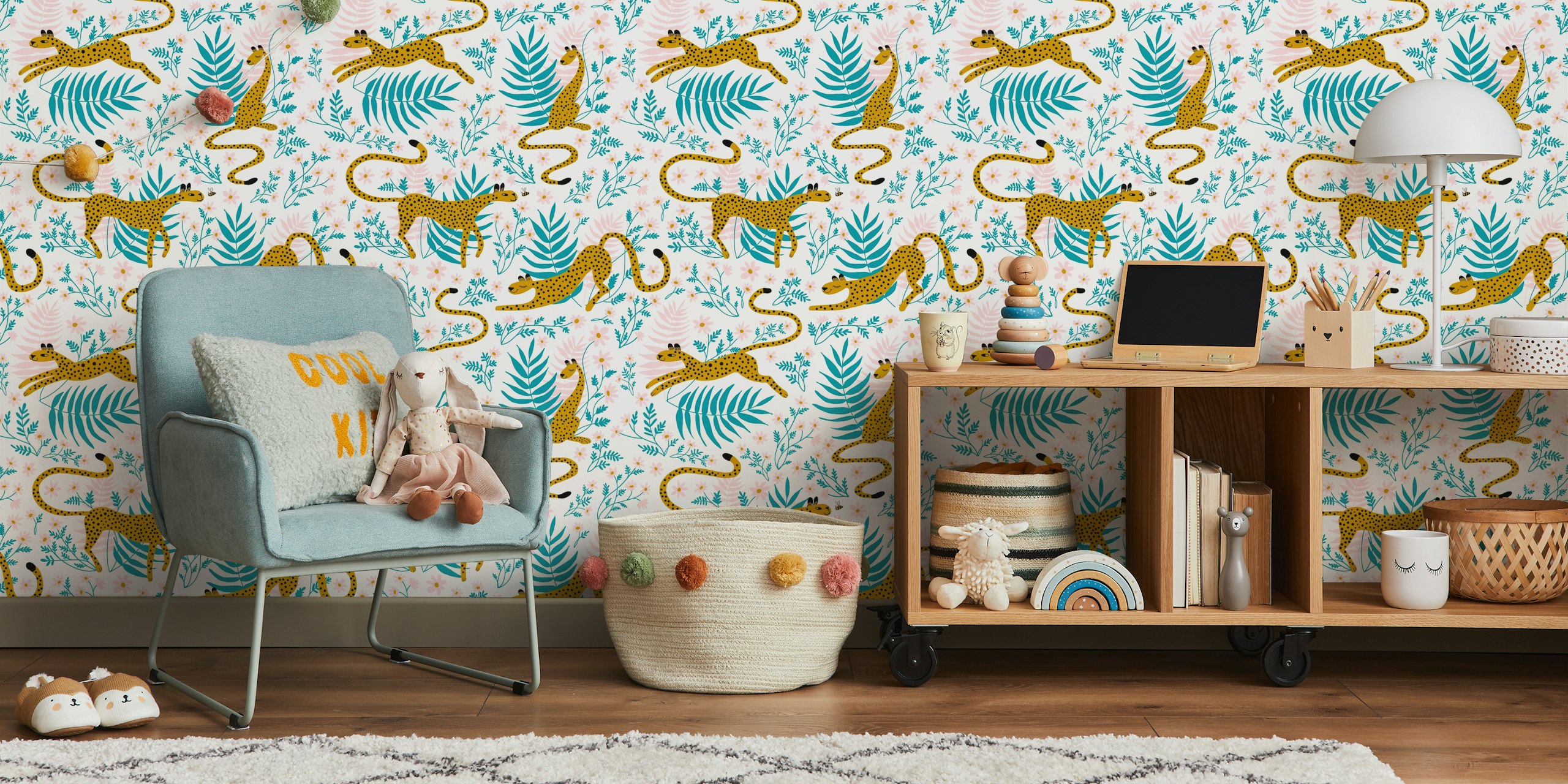 Cheetahs and flowers pattern featuring pink, green, and yellow wallpaper