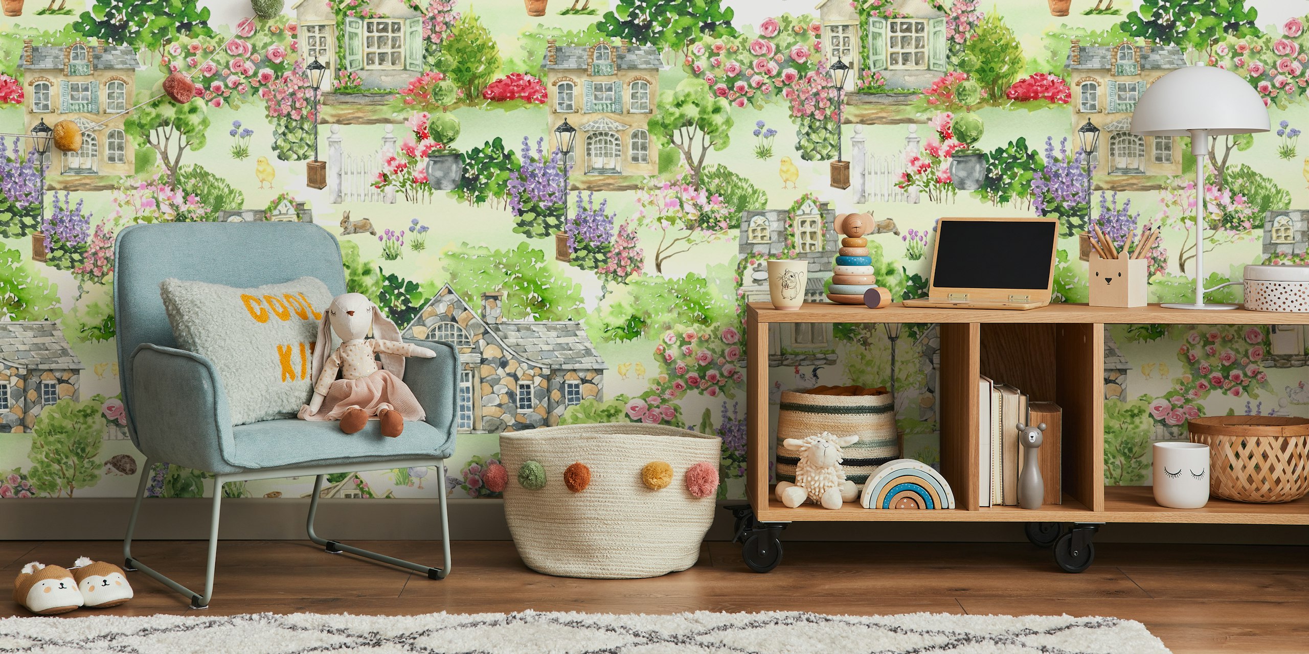 Garden landscape wallpaper in a room
