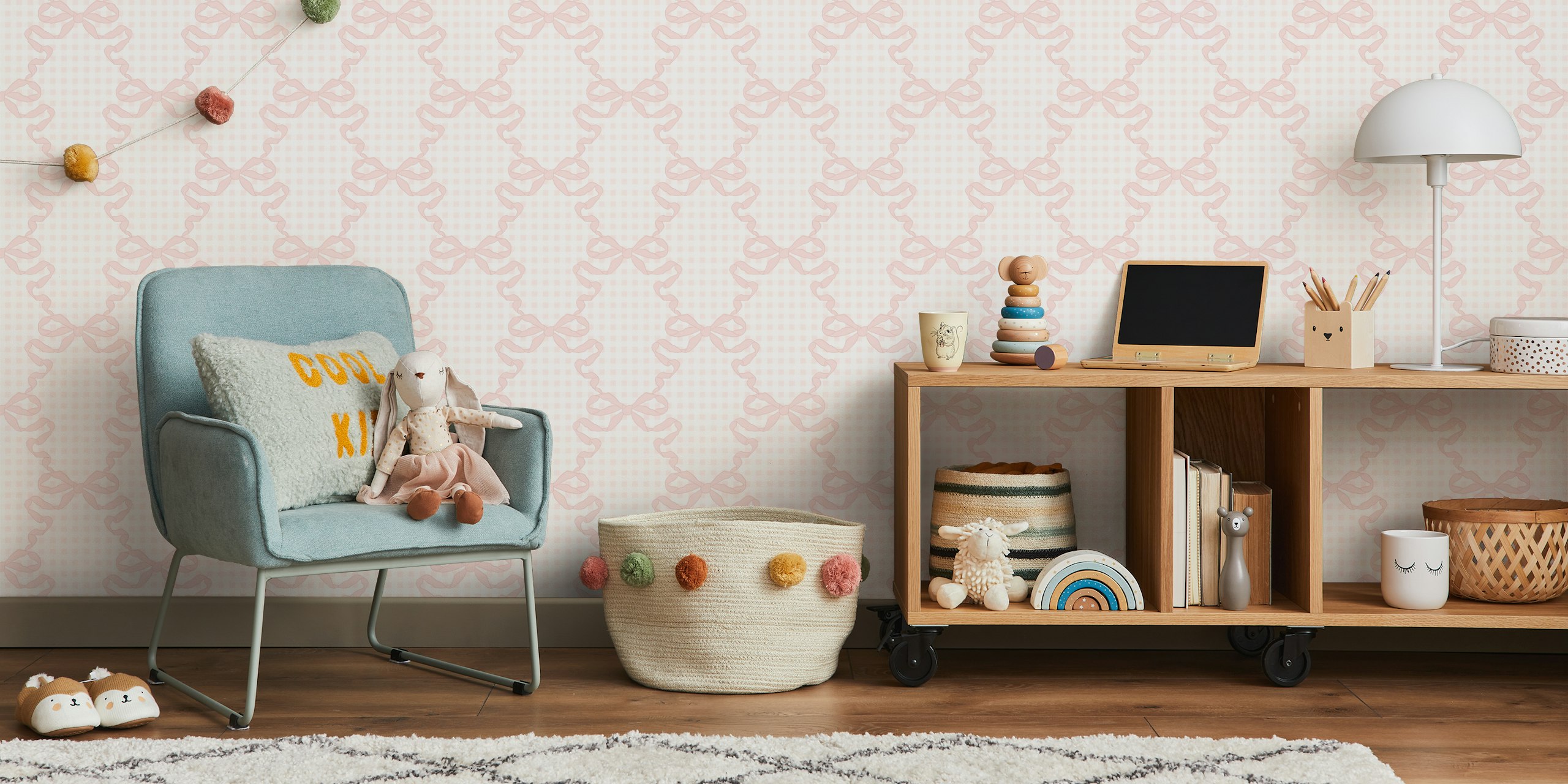 Princess Ribbons On Grid Pink And White wallpaper