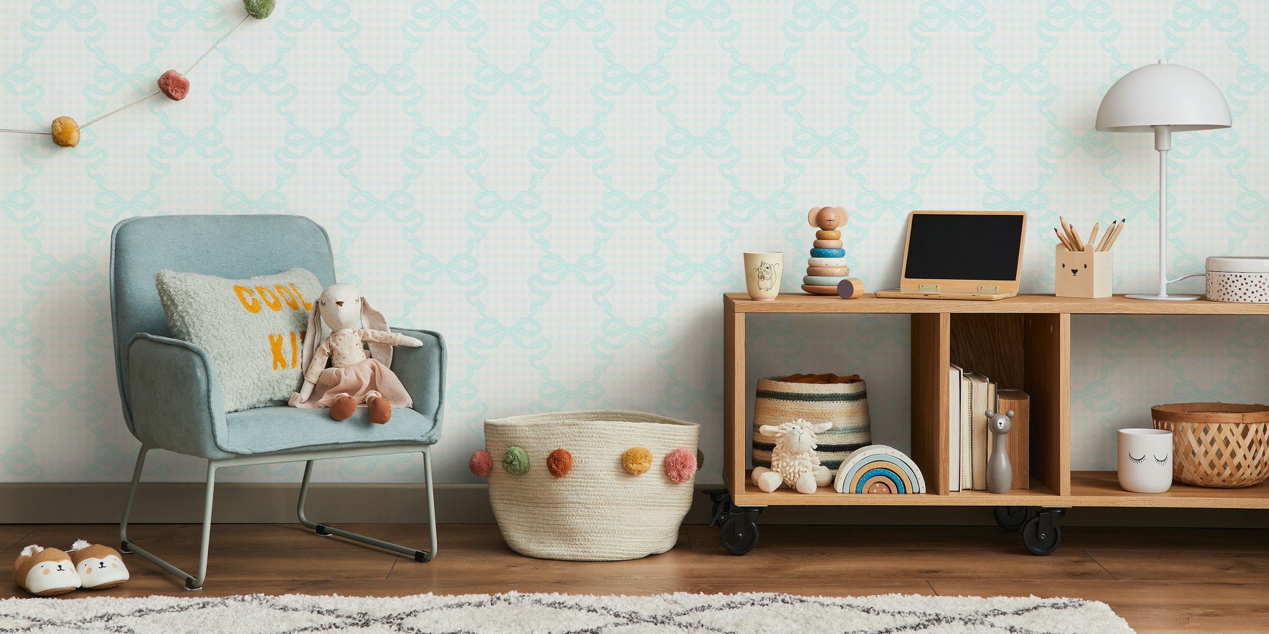 Ribbons on light blue checkered background wallpaper