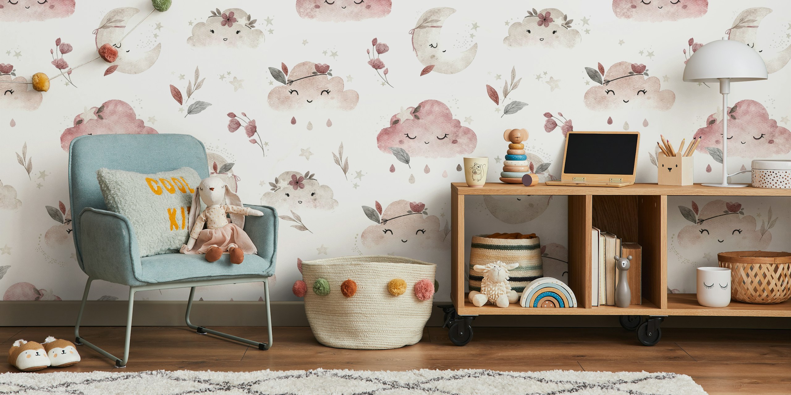 Boho style clouds and moons in rose tones wall mural