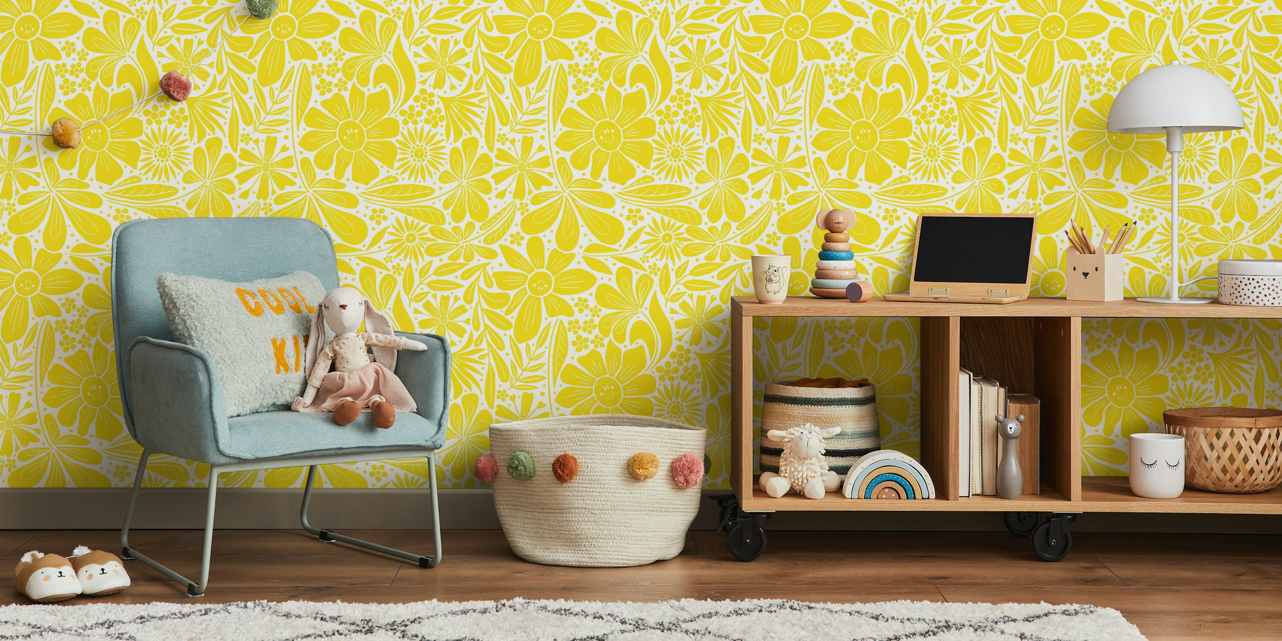 Smiling Sunflowers behang in een kamer