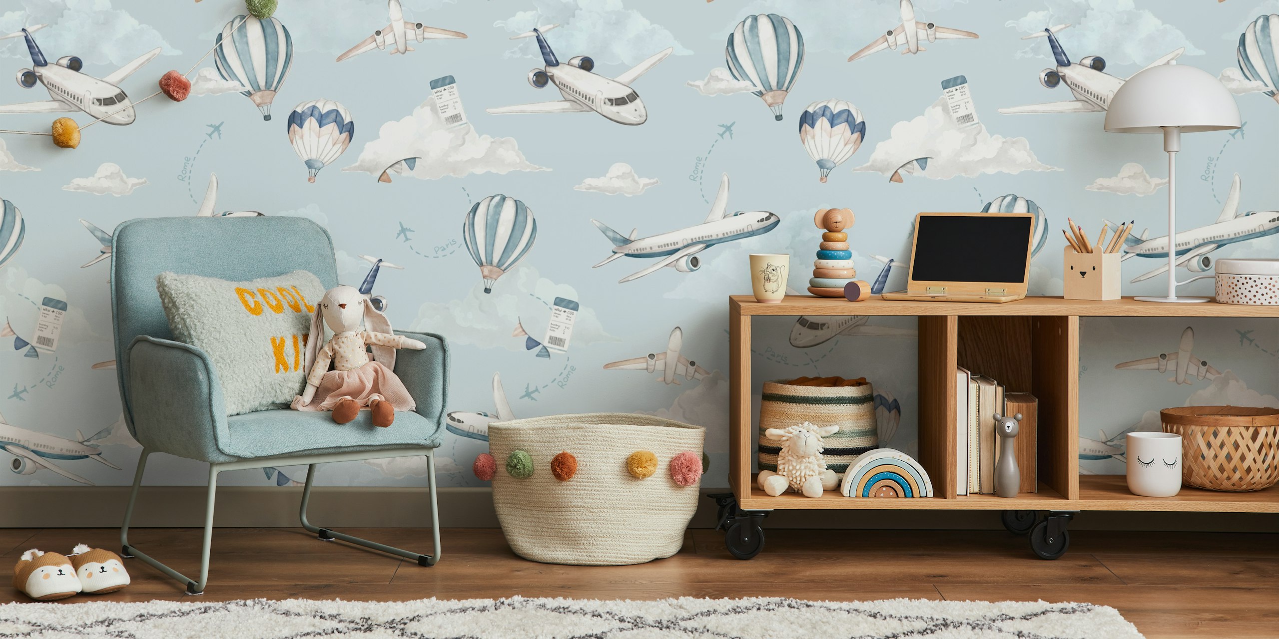 Diseño de papel tapiz con aviones y globos aerostáticos