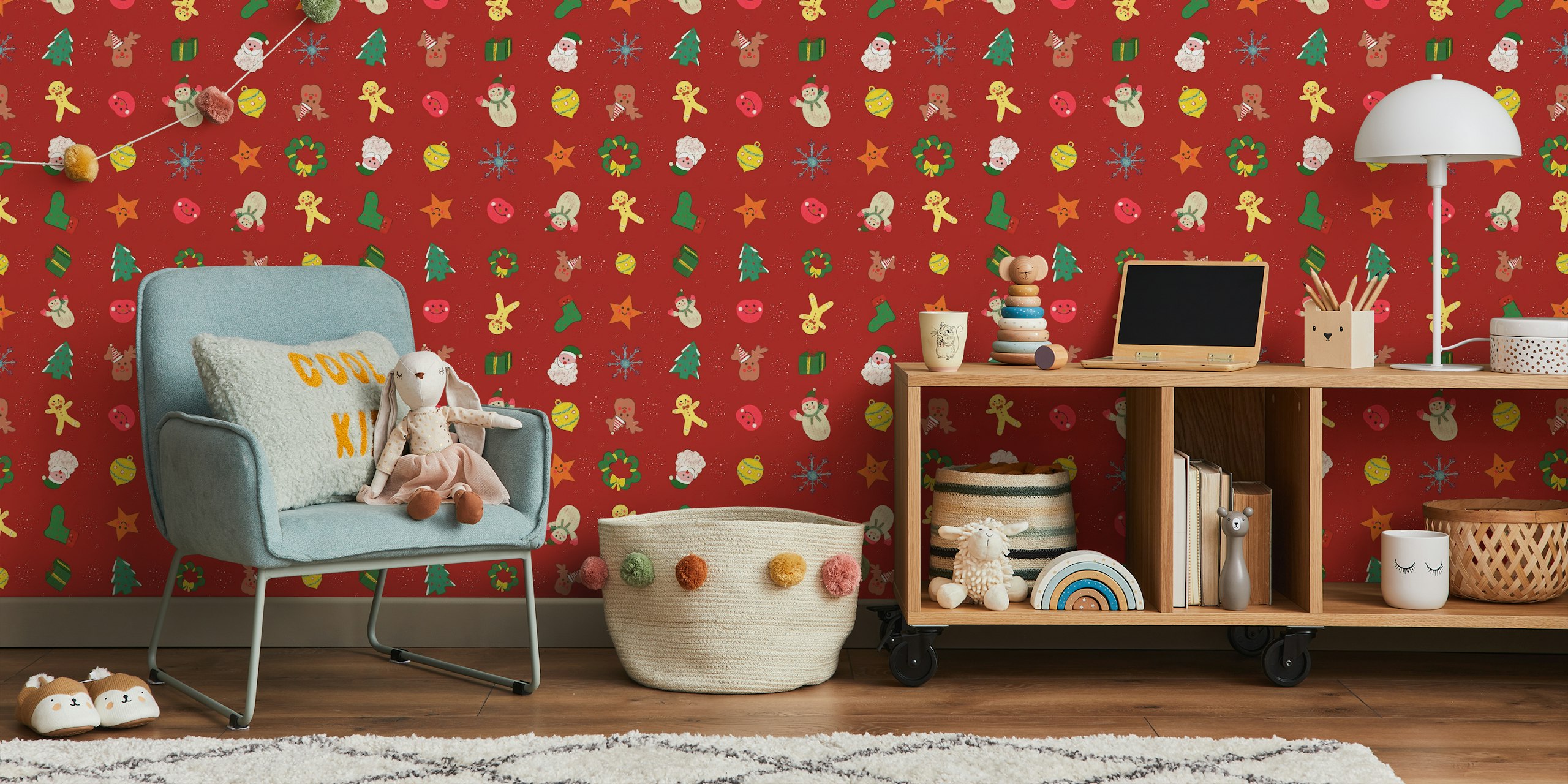 Kids Christmas pattern wallpaper featuring festive motifs on red background.