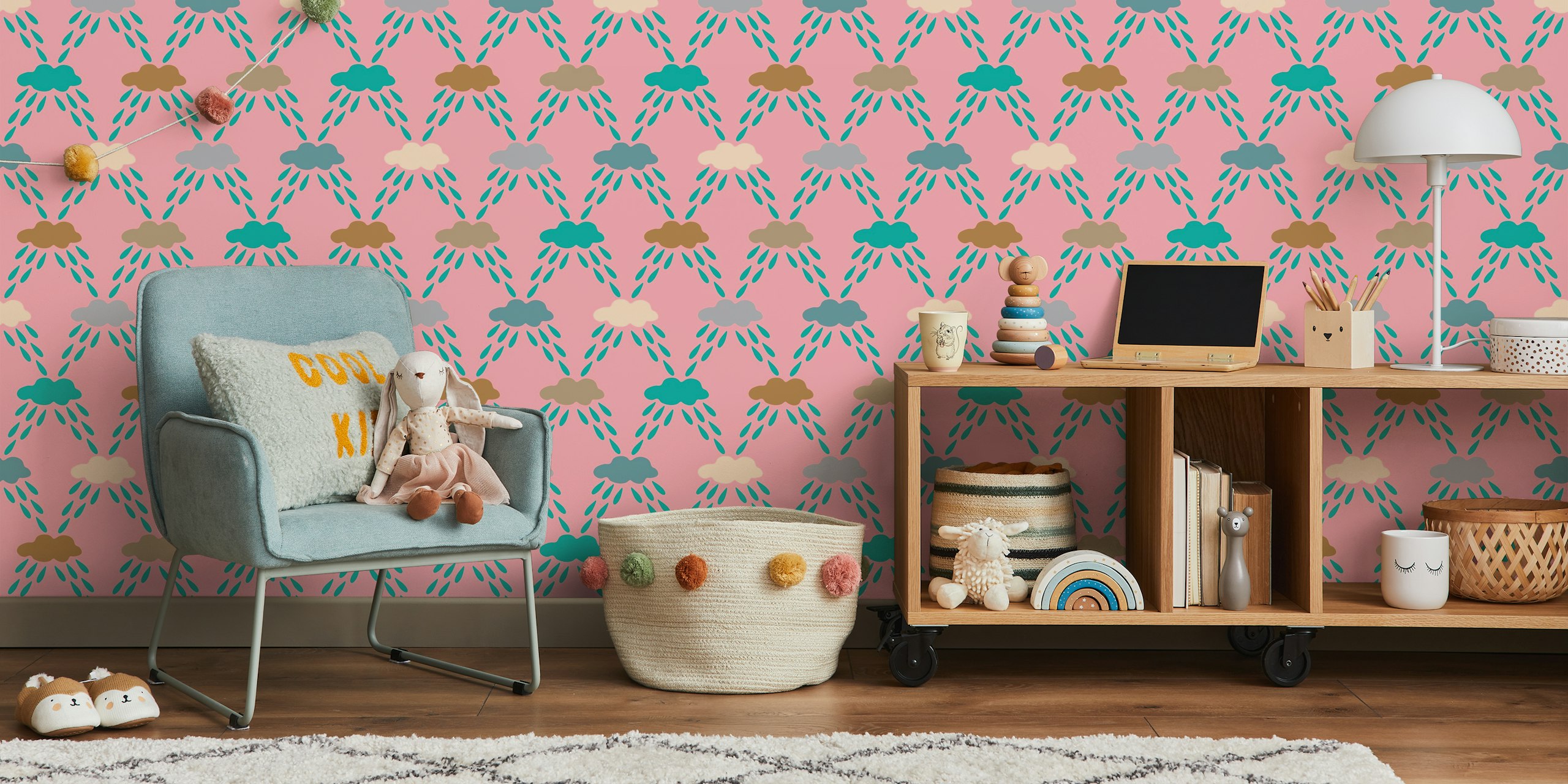 Pastel pink kids wallpaper with raindrops and clouds