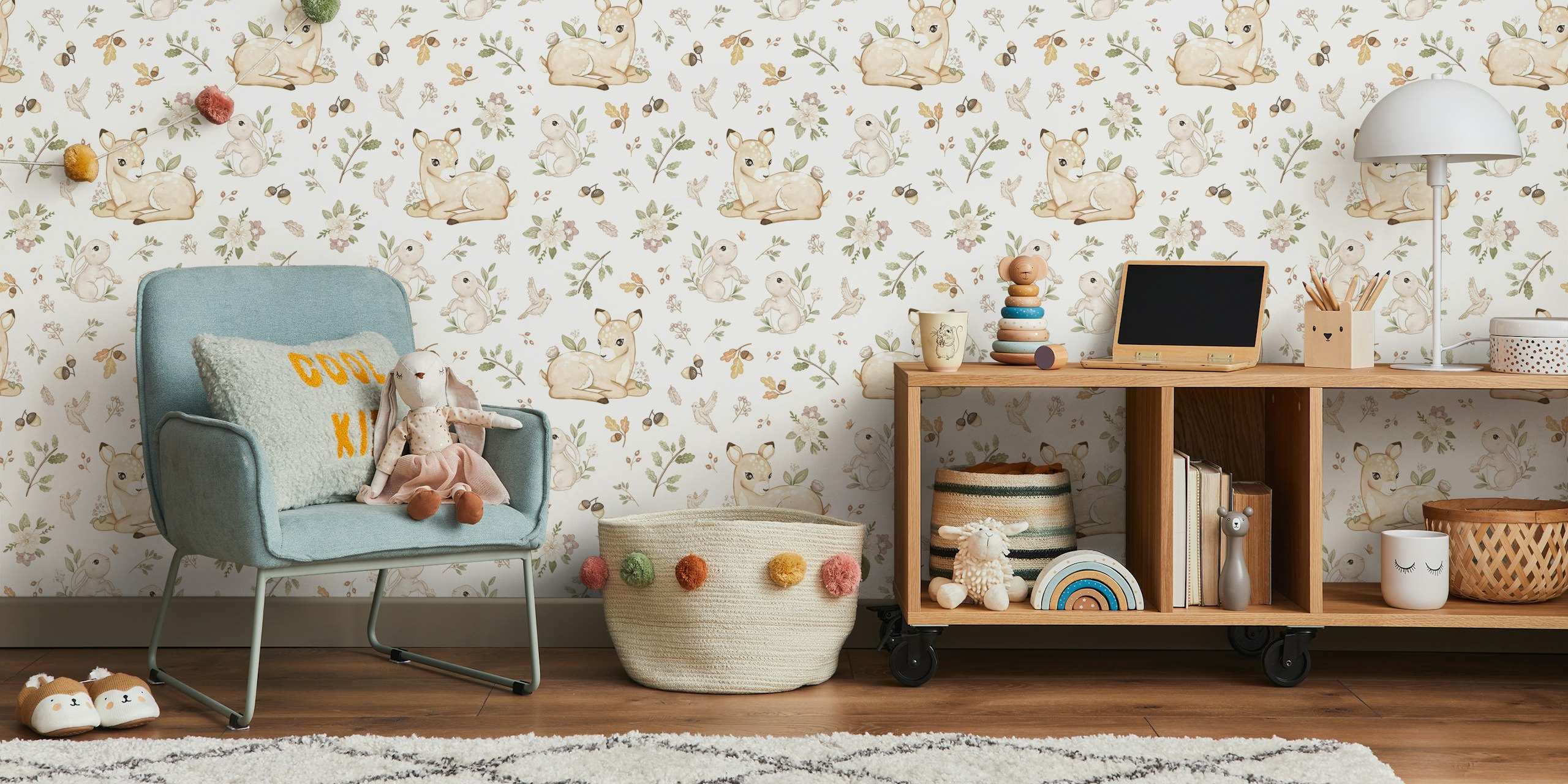 Cute woodland animals featuring deer and rabbits with floral motifs in soft pastel colors wallpaper