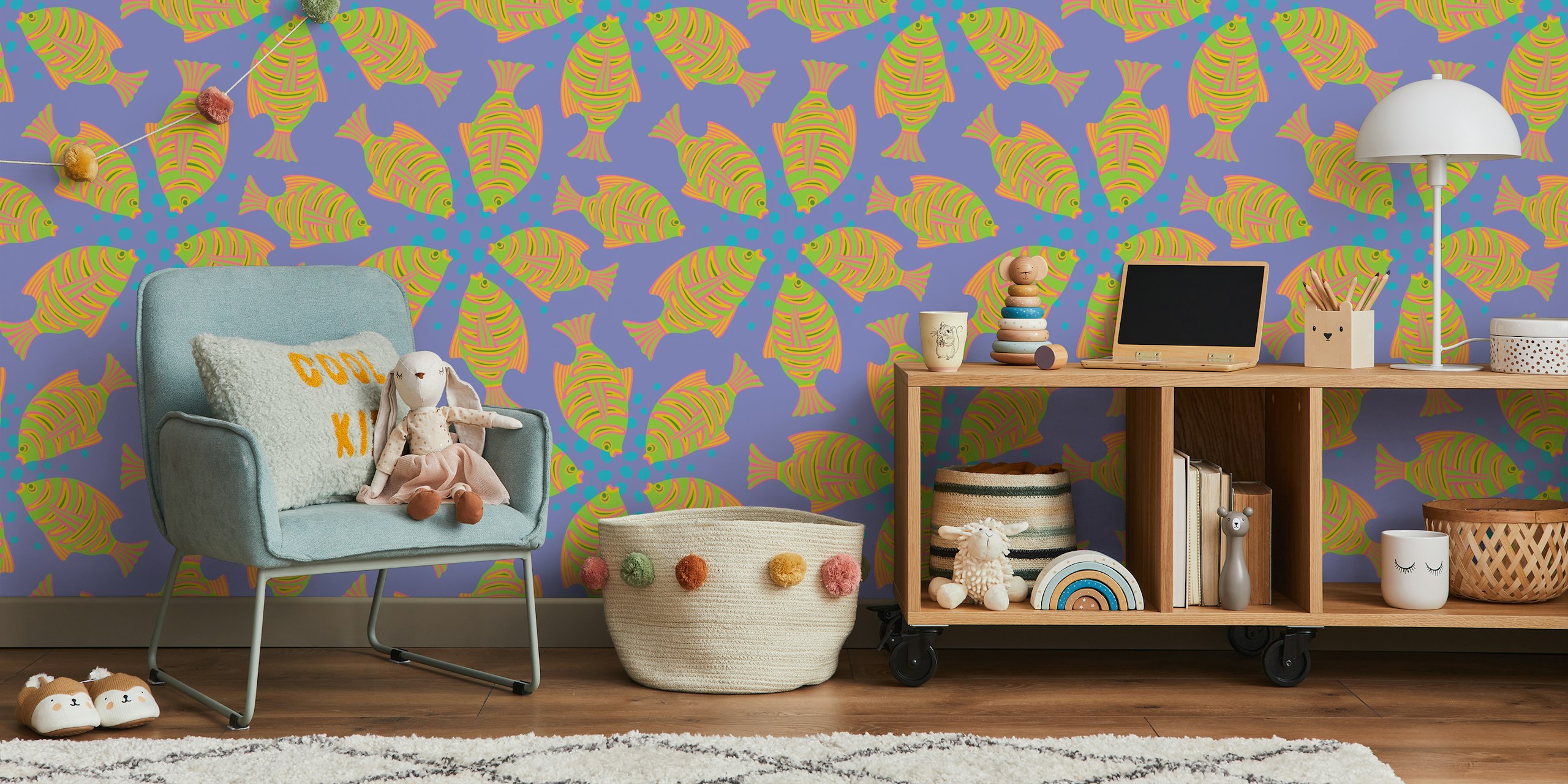 Tropical fish pattern in green and purple colors wallpaper