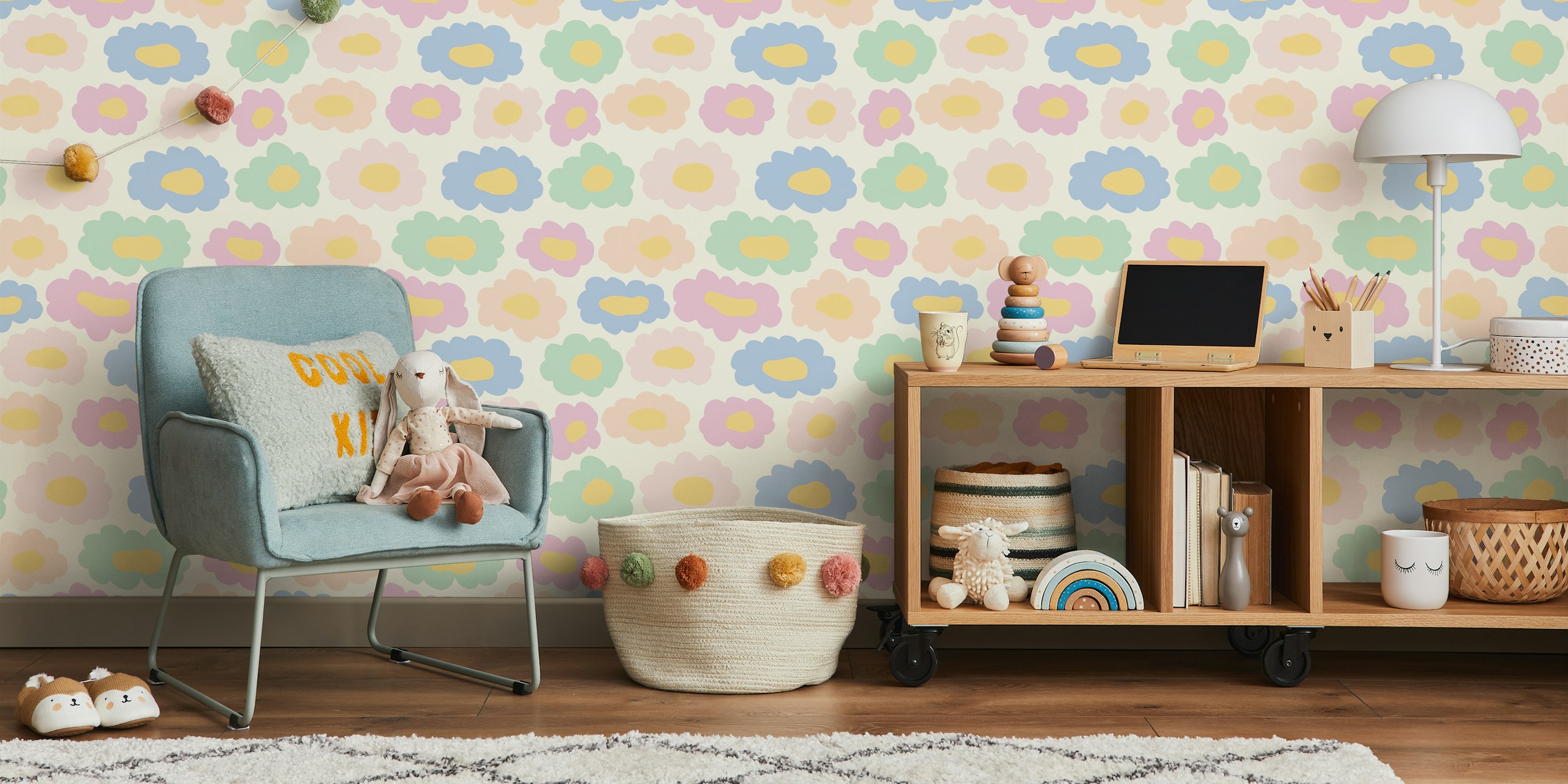 Colorful pastel clouds in pink, blue, green, and yellow wallpaper