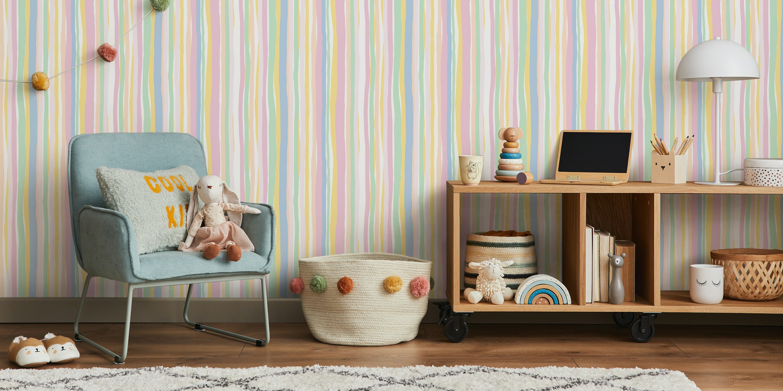 Pastel striped wallpaper featuring soft colors in varying widths
