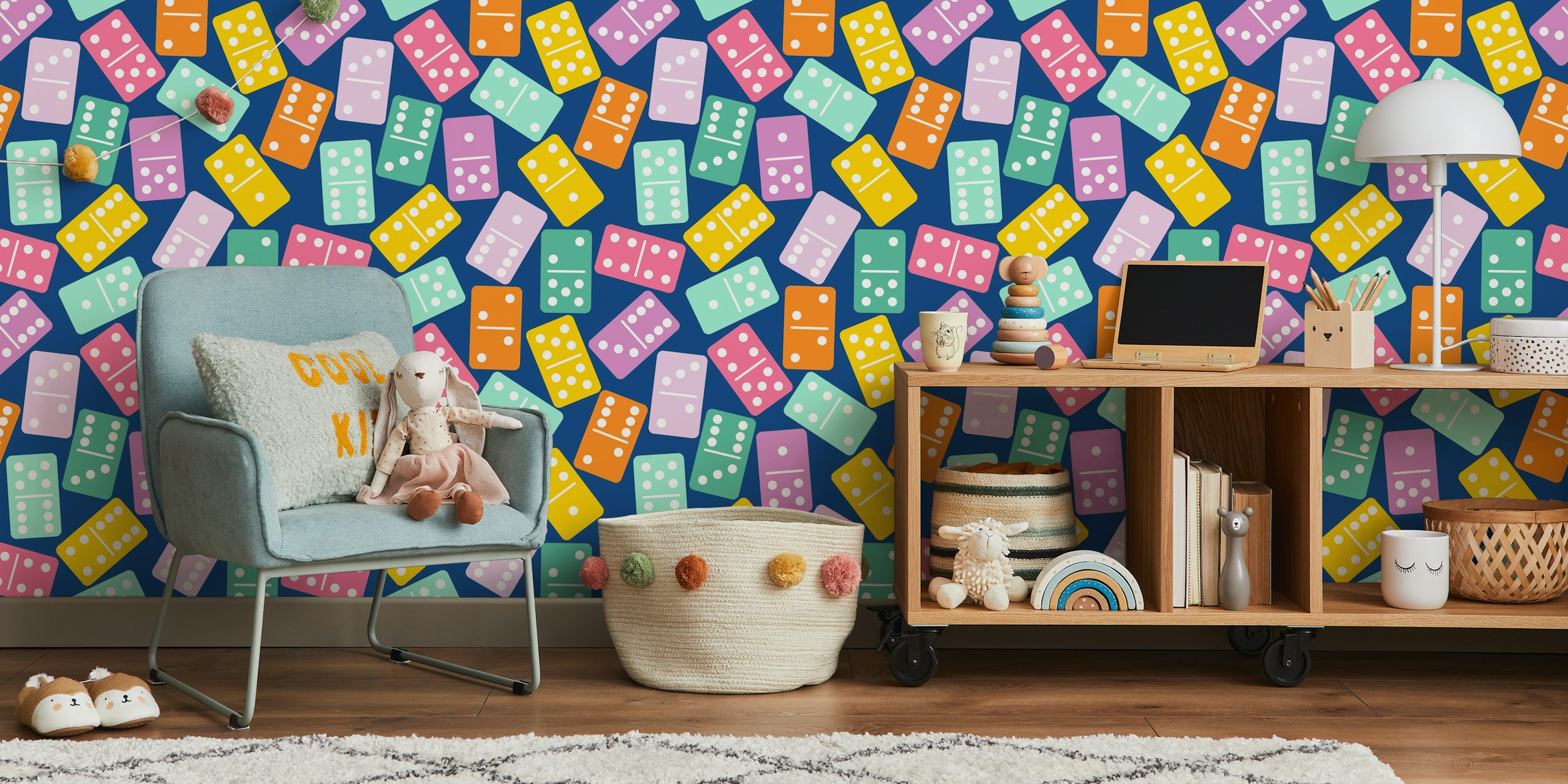 Colorful domino patterned wallpaper in a room