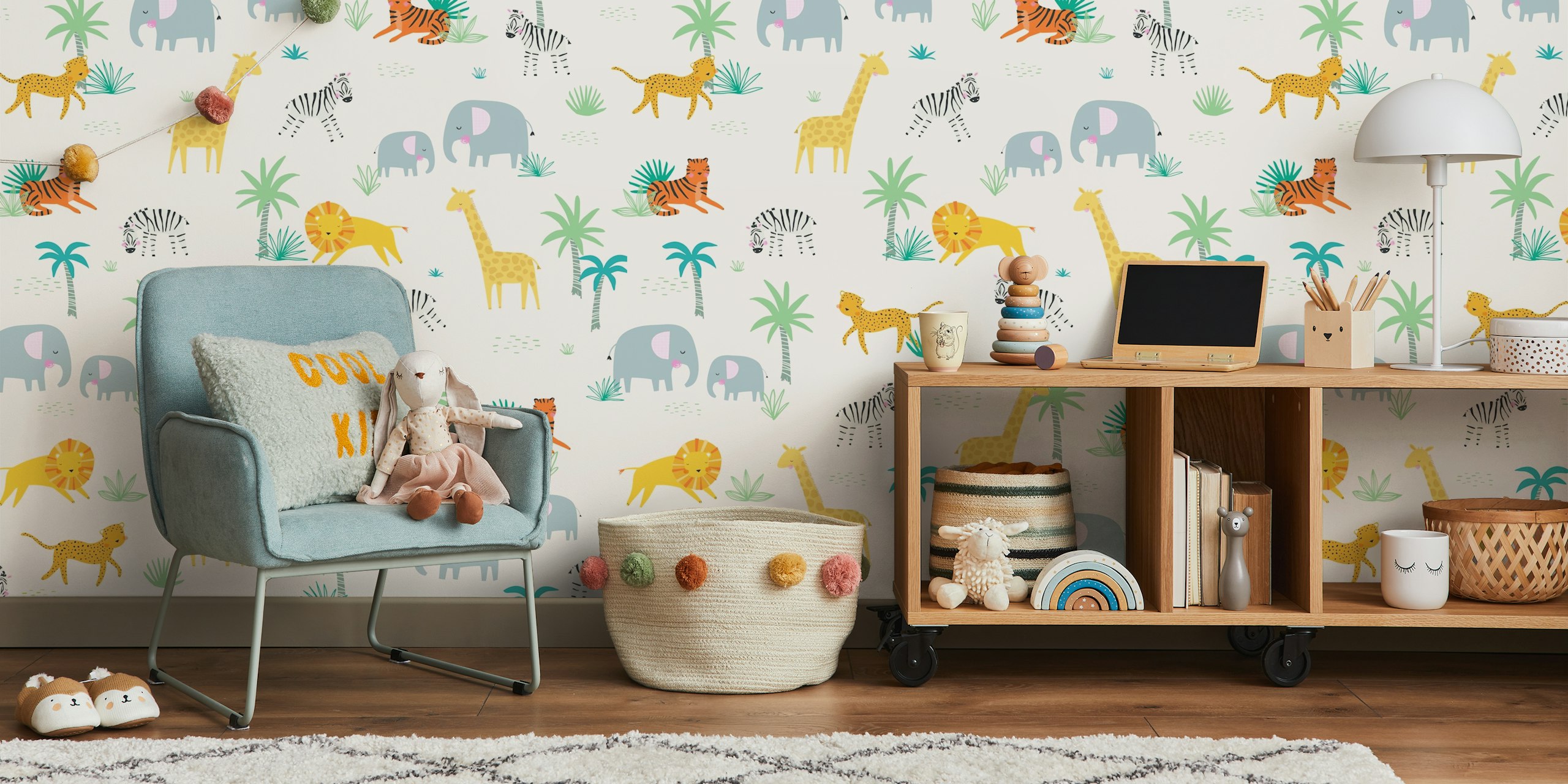 Colorful safari animals including lions, giraffes, and elephants wallpaper