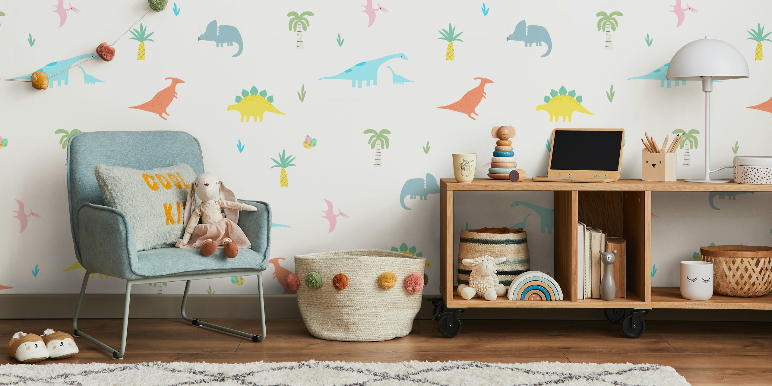 Cute dinosaurs in pastel colors with palm trees wallpaper