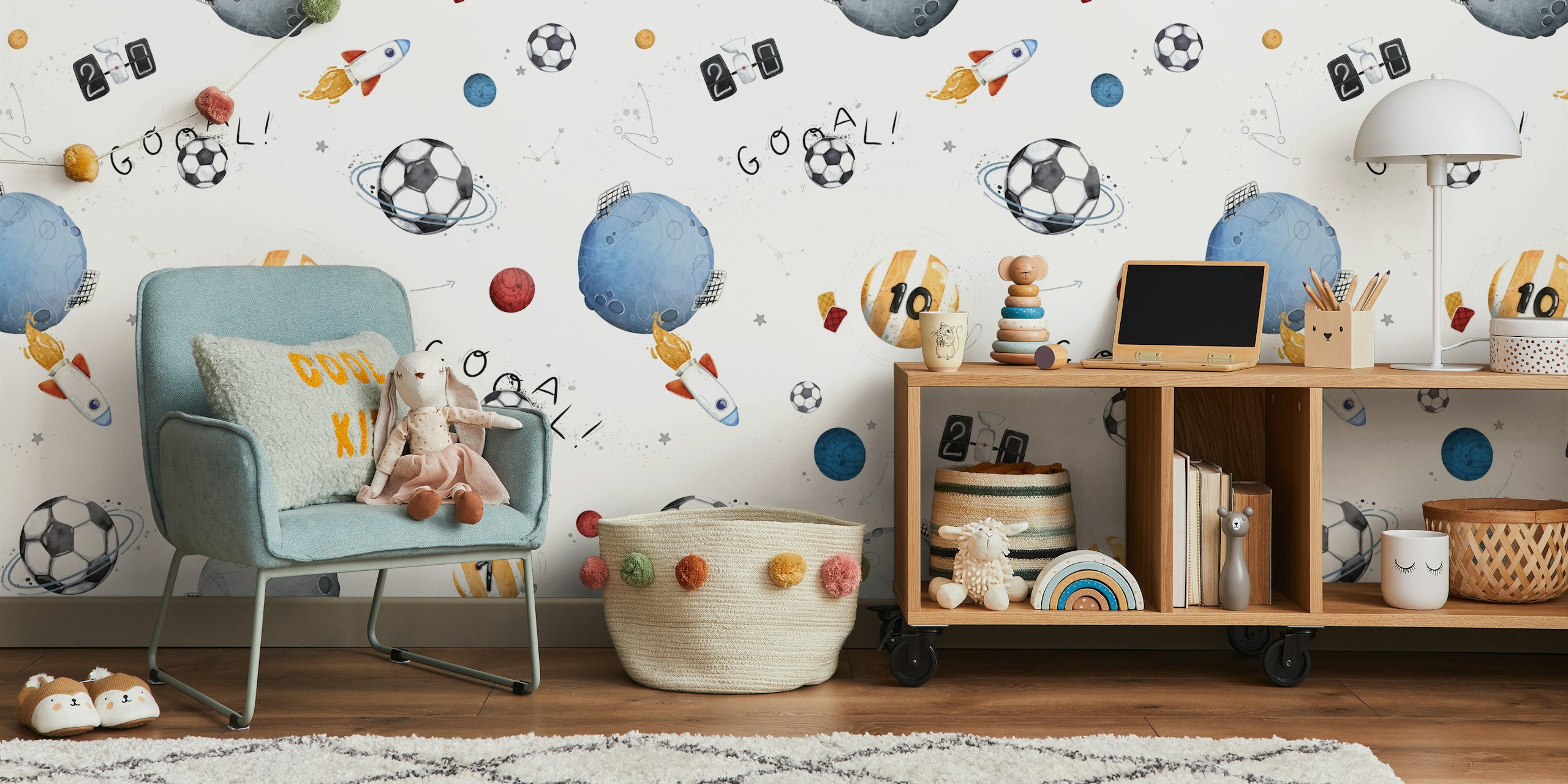 Voetbal en ruimte thema met sterren en planeten wallpaper