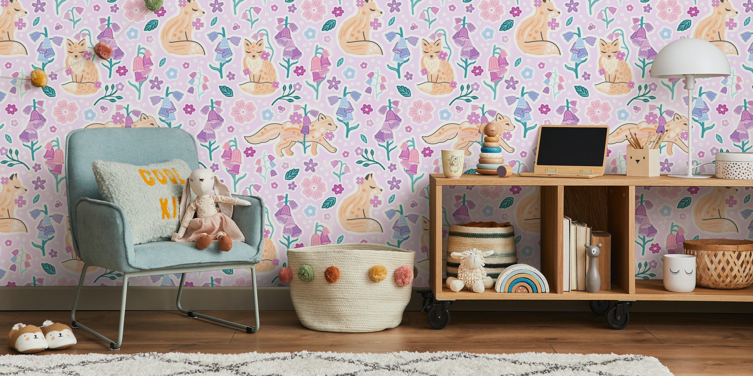 Floral foxes and bellflowers in pastel colors wallpaper
