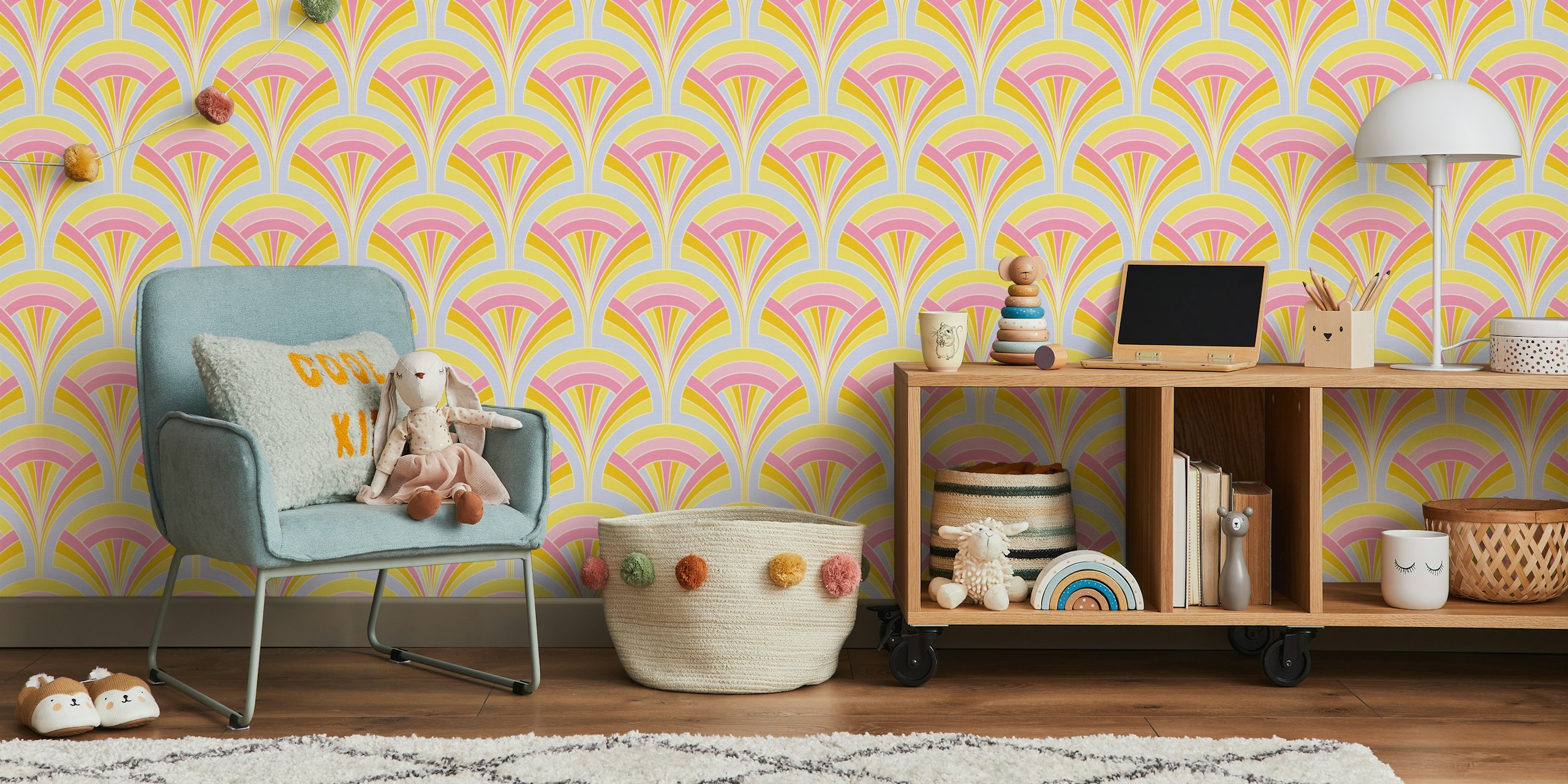 Pastel Retro Palm Tapete in einem Raum