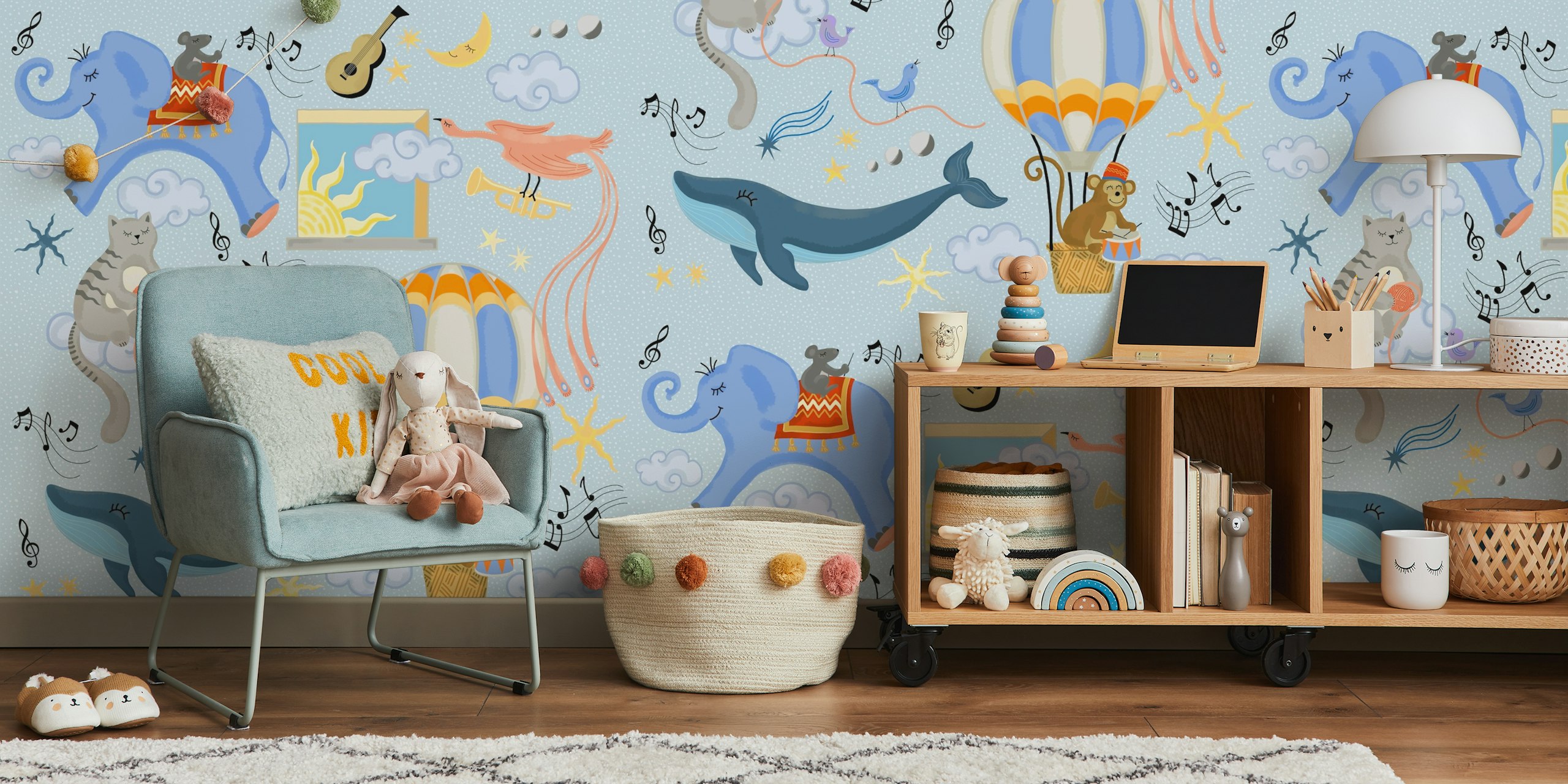 Colorful elephant, cat, and whale patterns with hot air balloons, musical notes, and stars wallpaper