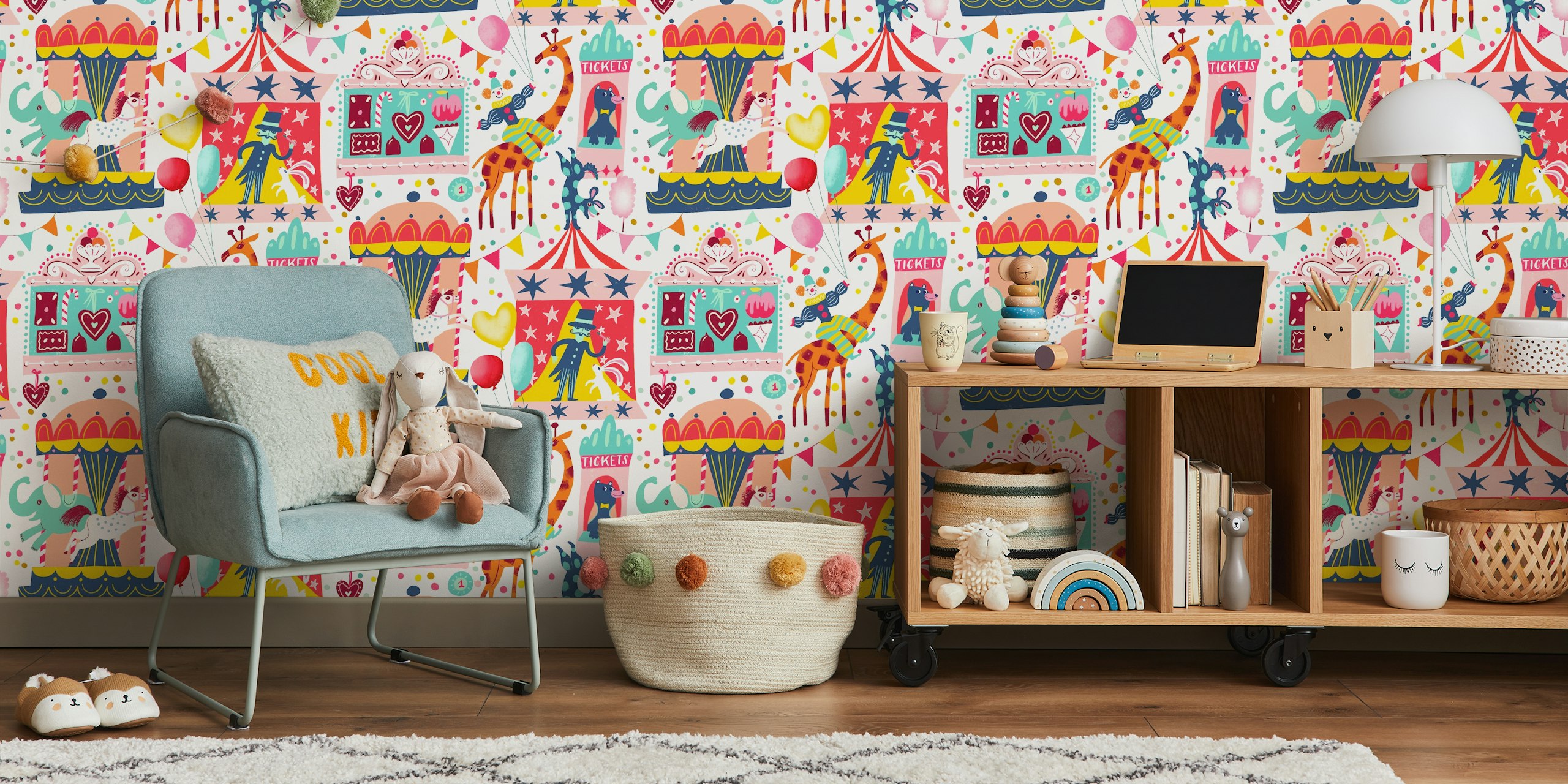 Whimsical fairground attractions wallpaper design
