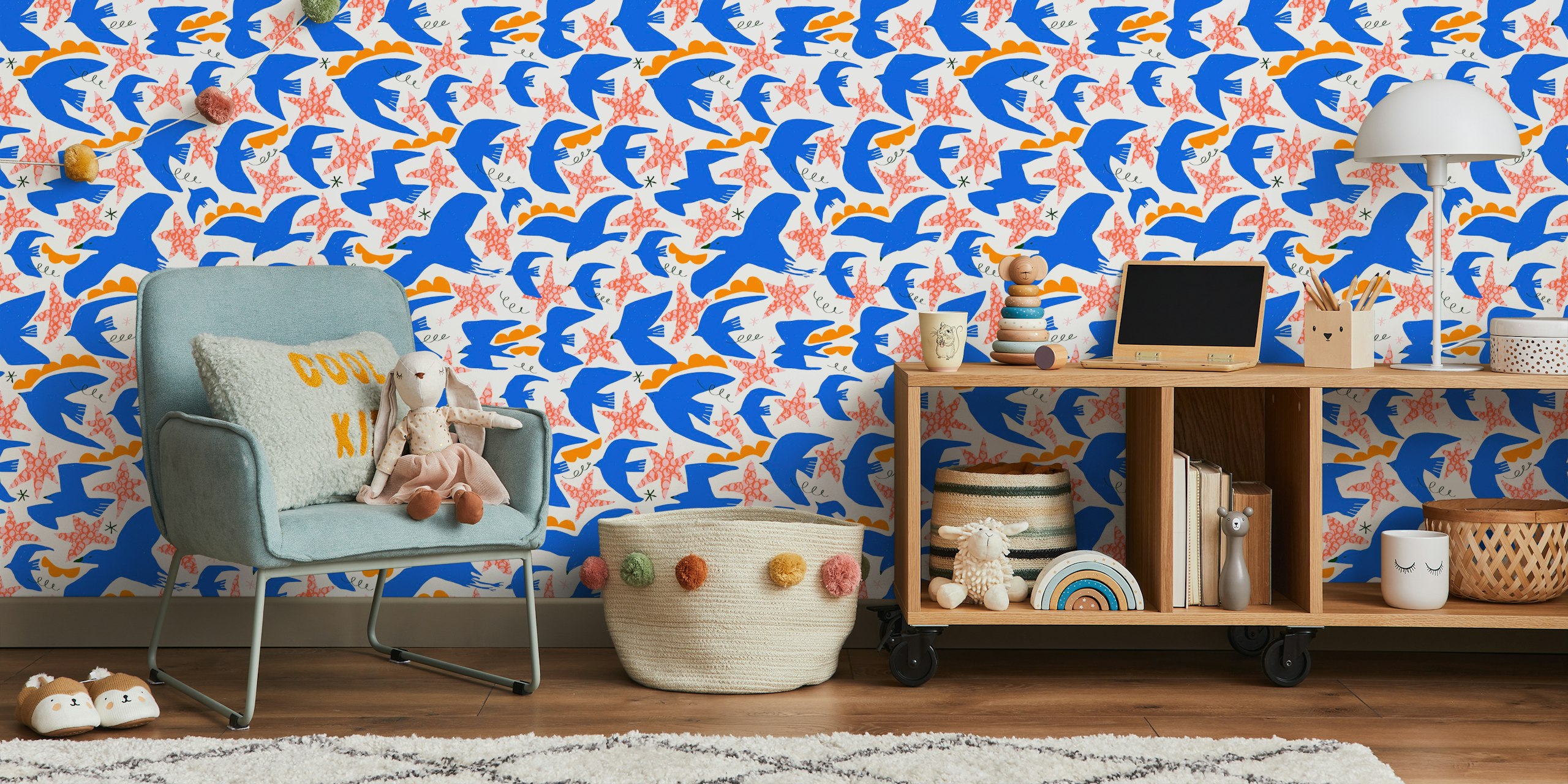 Colorful birds with orange accents on white background wallpaper