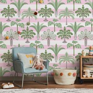 Jungle palms on pink stripes