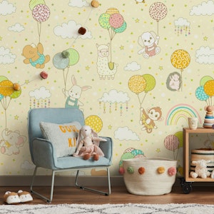 Cute Animals On Balloons - beige
