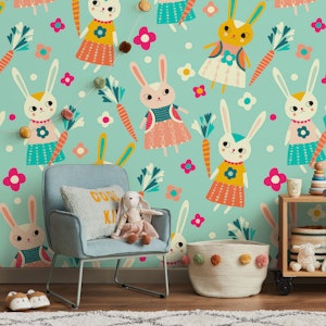 little cute bunnies on light blue