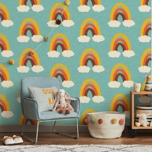 Groovy 70s Cute Rainbow with clouds Blue