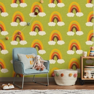 Groovy 70s Cute Rainbow with clouds Green