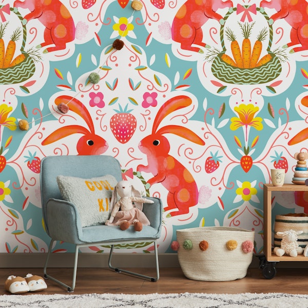 bunnies strawberries carrots spring damask