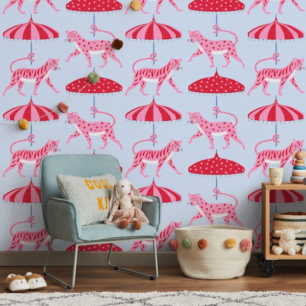 Big cats with parasols - pink red and blue