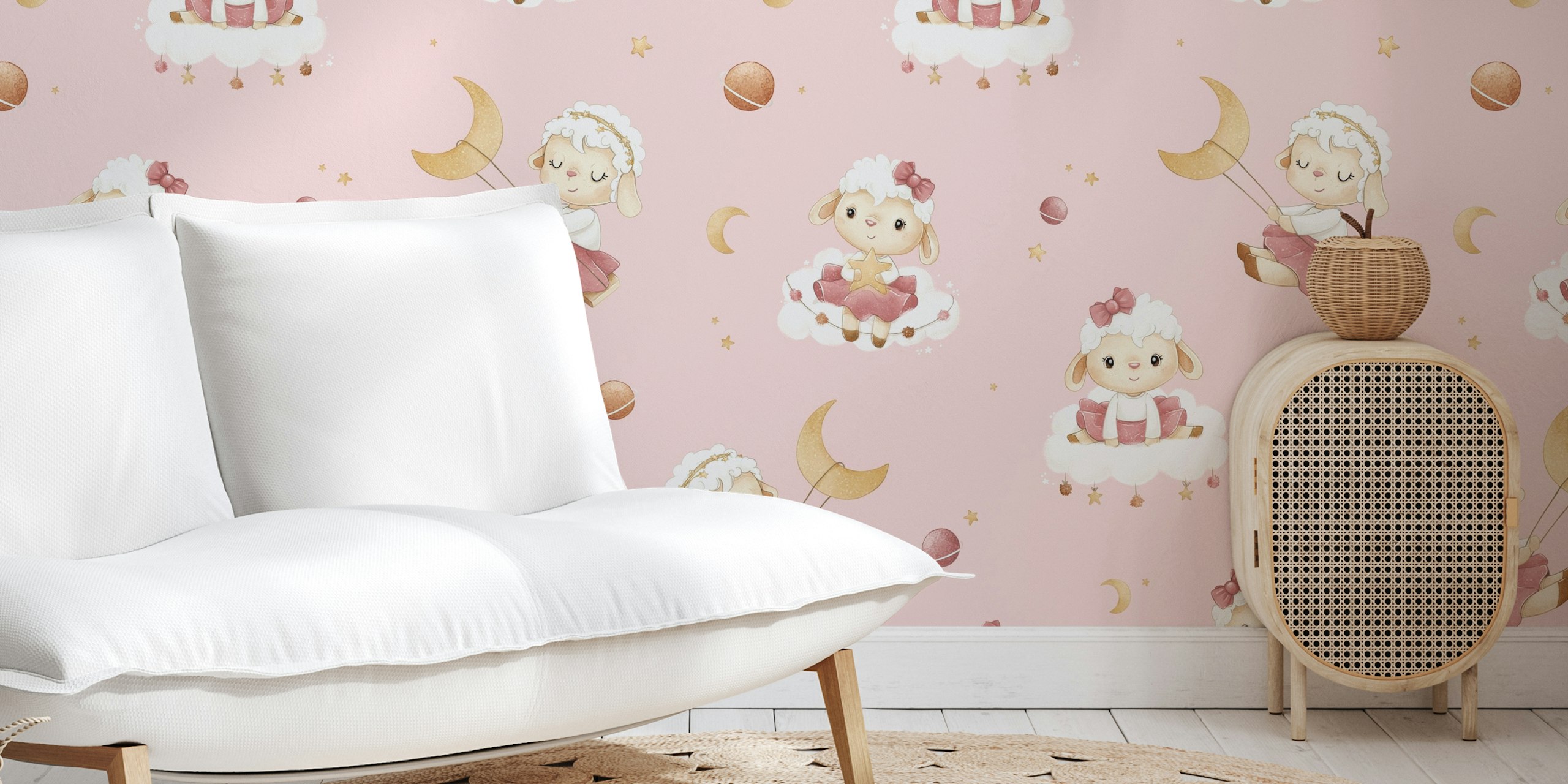 Cute lambs playing on pink clouds with stars wallpaper