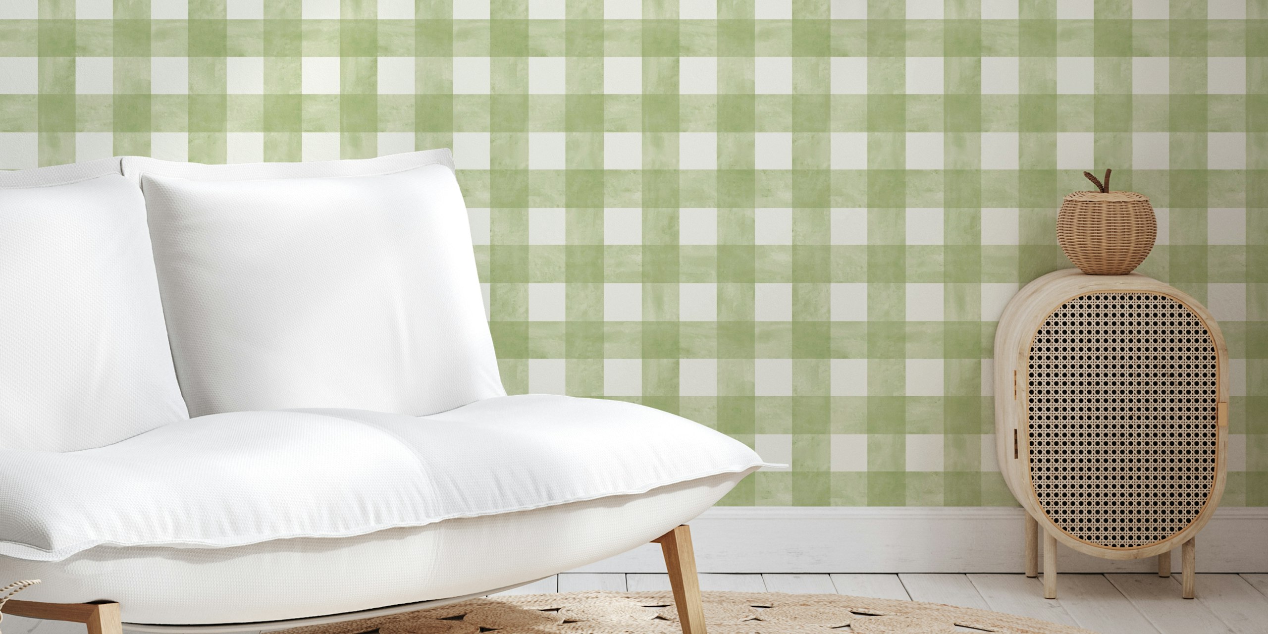 Sage green Watercolor Gingham tapet i et rum