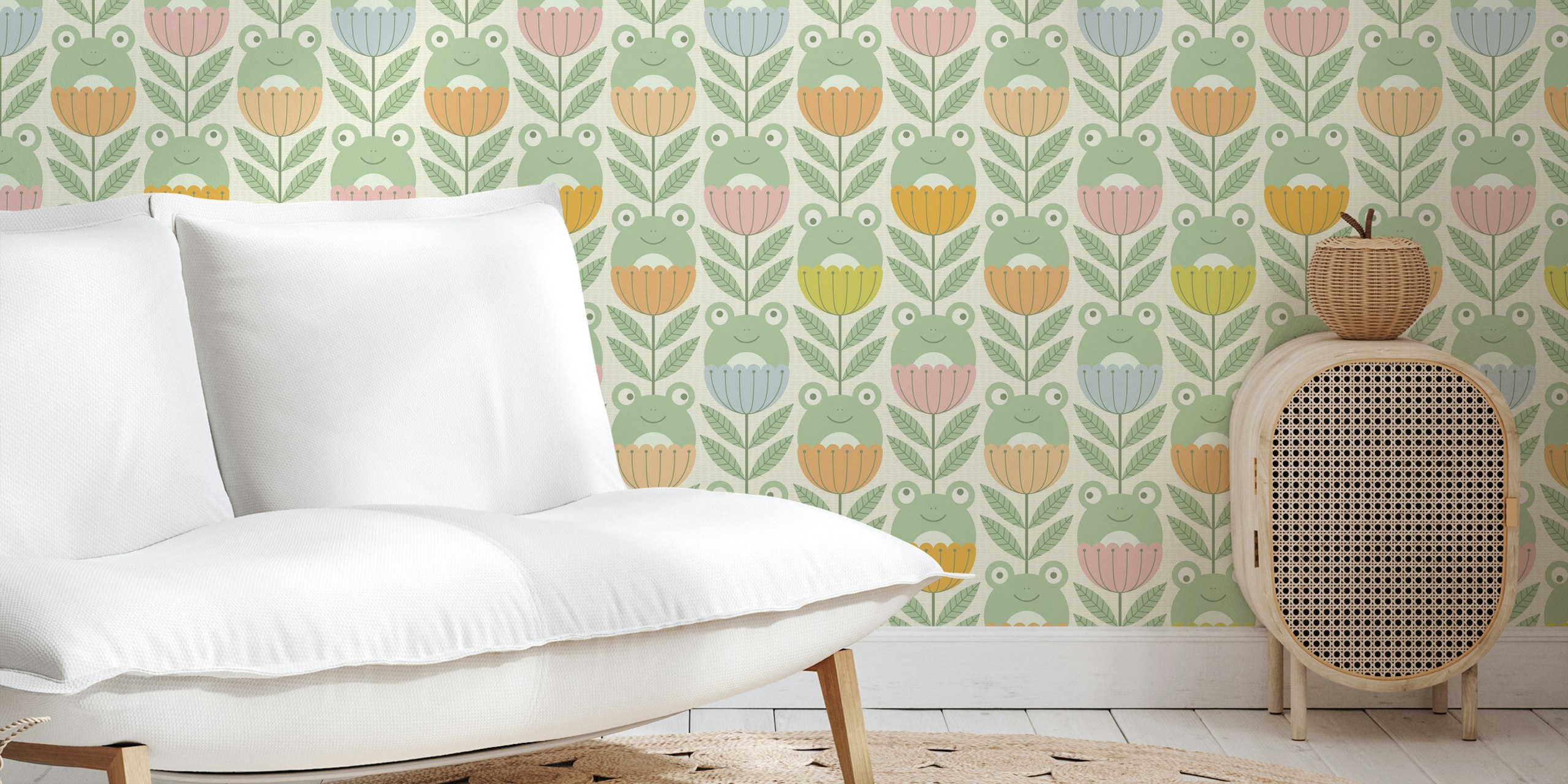 Colorful frogs and flowers in pastel tones wallpaper