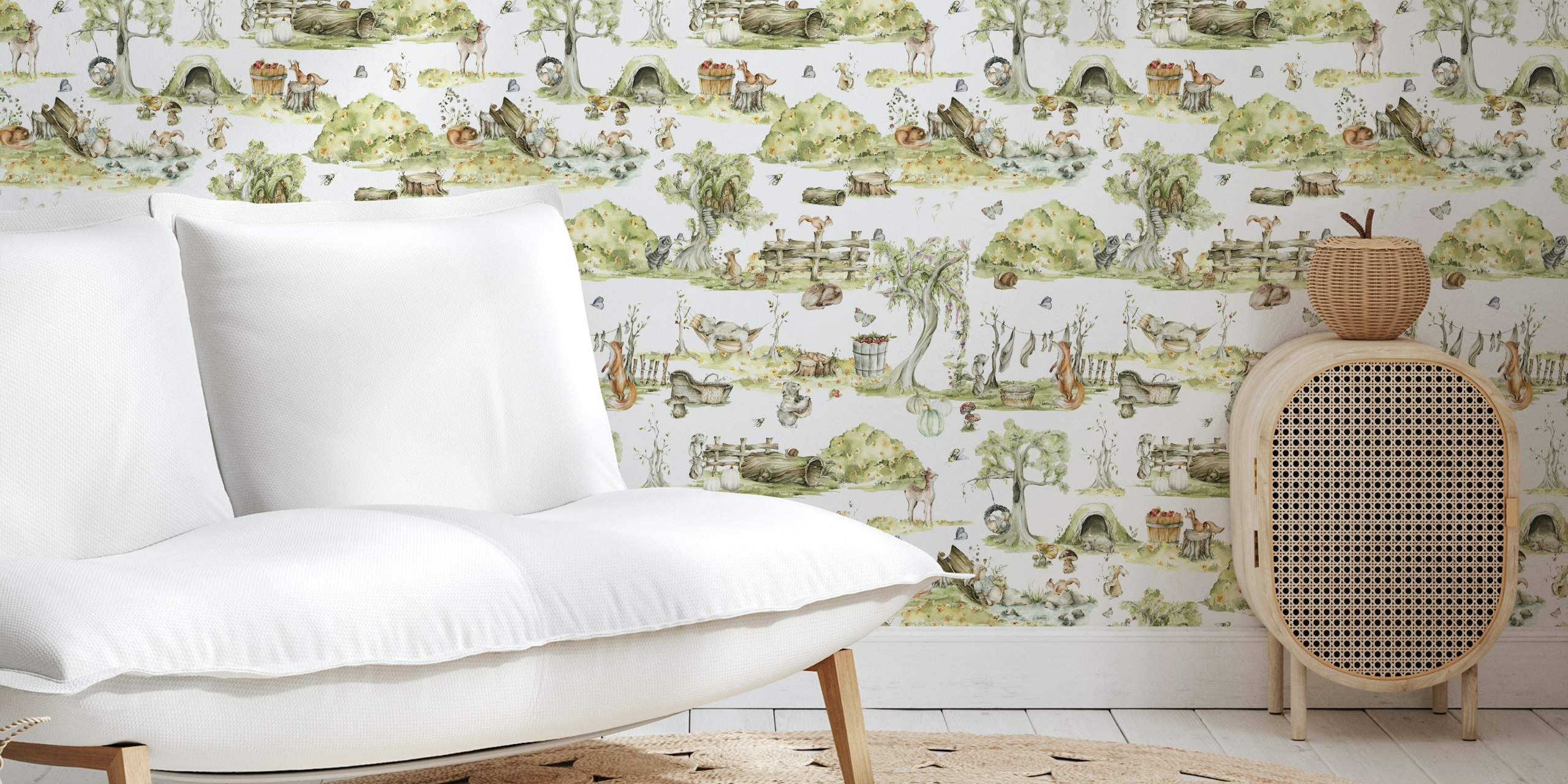 Illustration of animals and trees in soft colors wallpaper