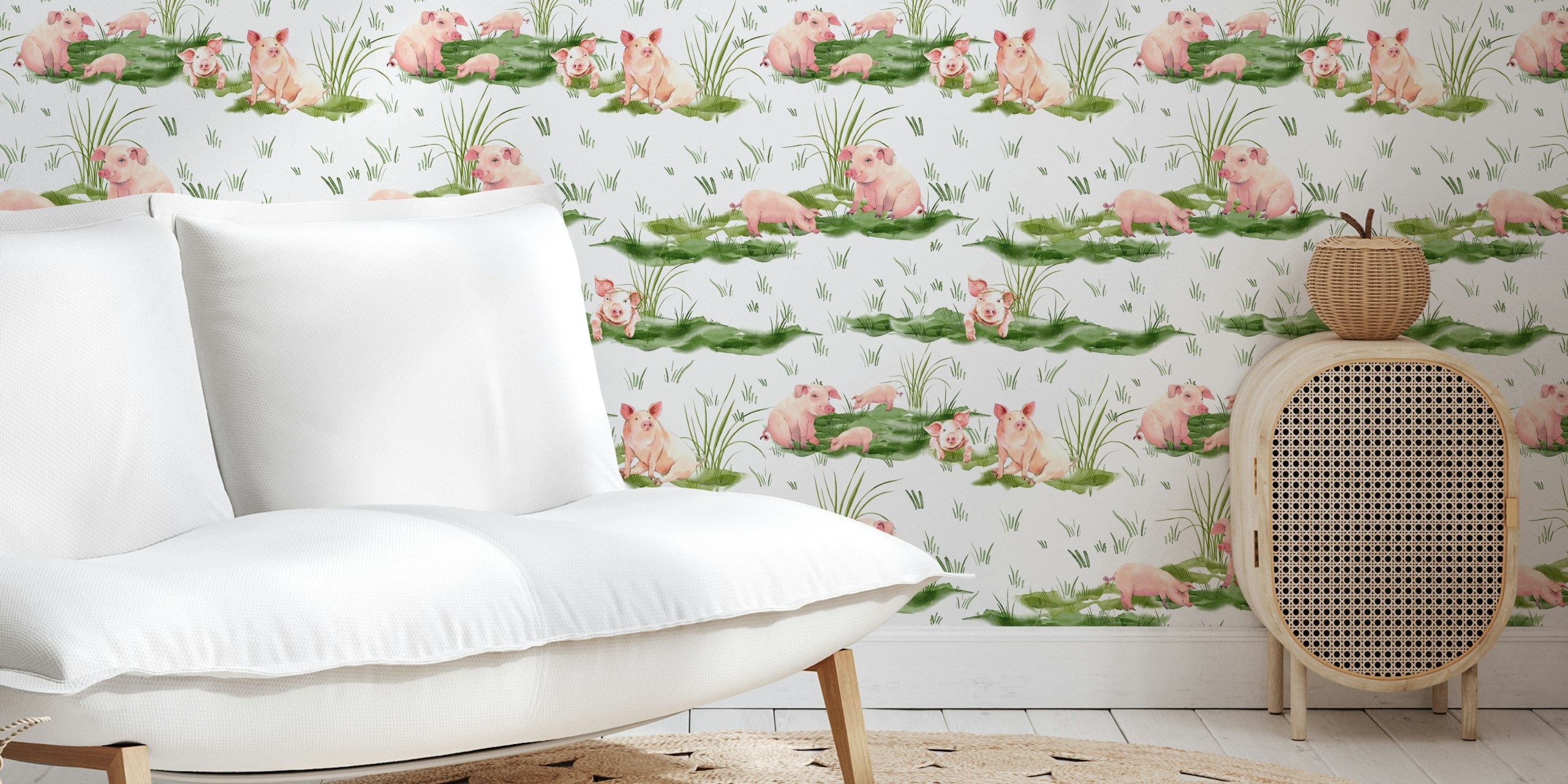 Playful Piglets Meadow wallpaper in a room