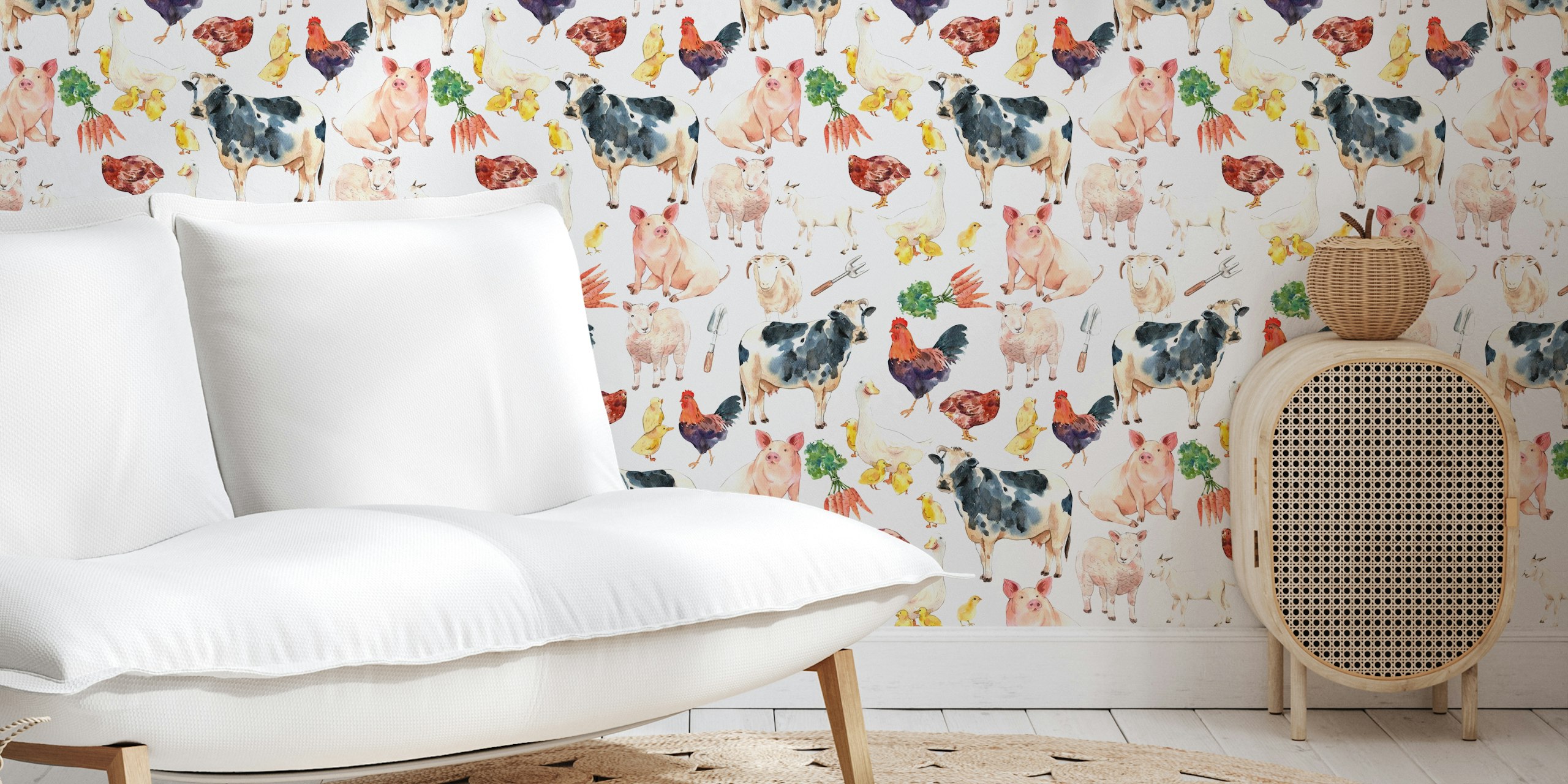 Farm animals like cows, pigs, chickens, and ducks on a white background wallpaper