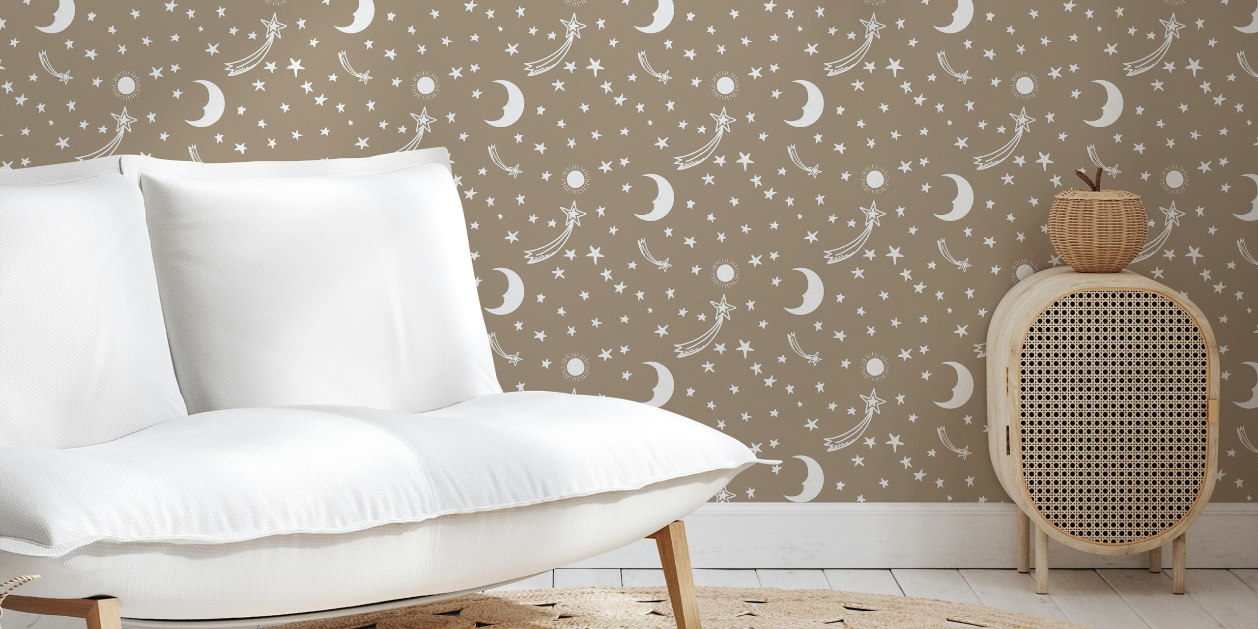 Mocha background with white stars, moons, and sun wallpaper