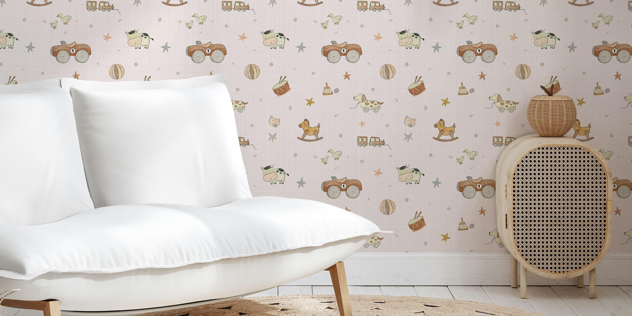 Playful nursery wallpaper with toys and animals