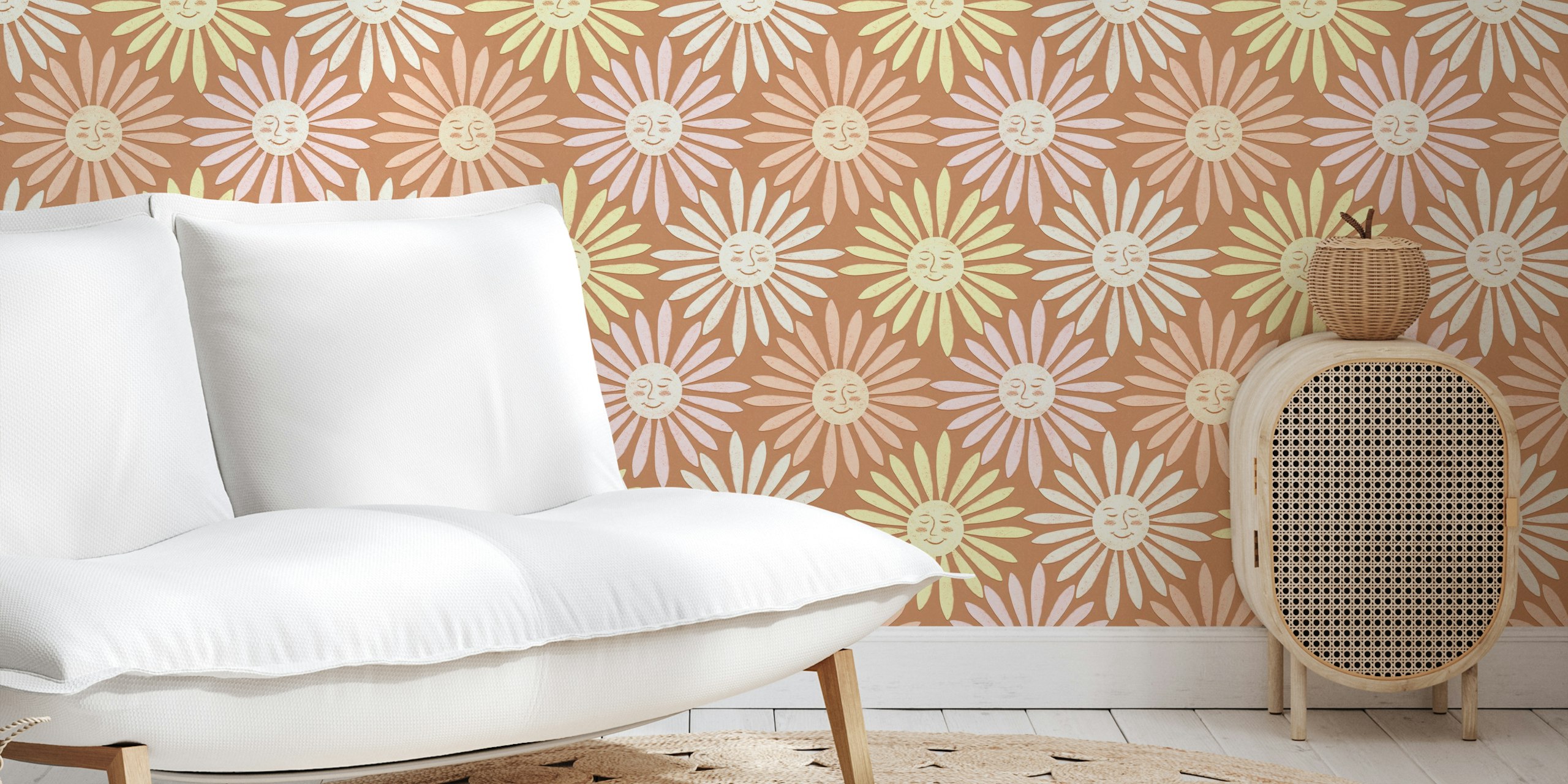 Boho Sun Faces wallpaper in einem Raum