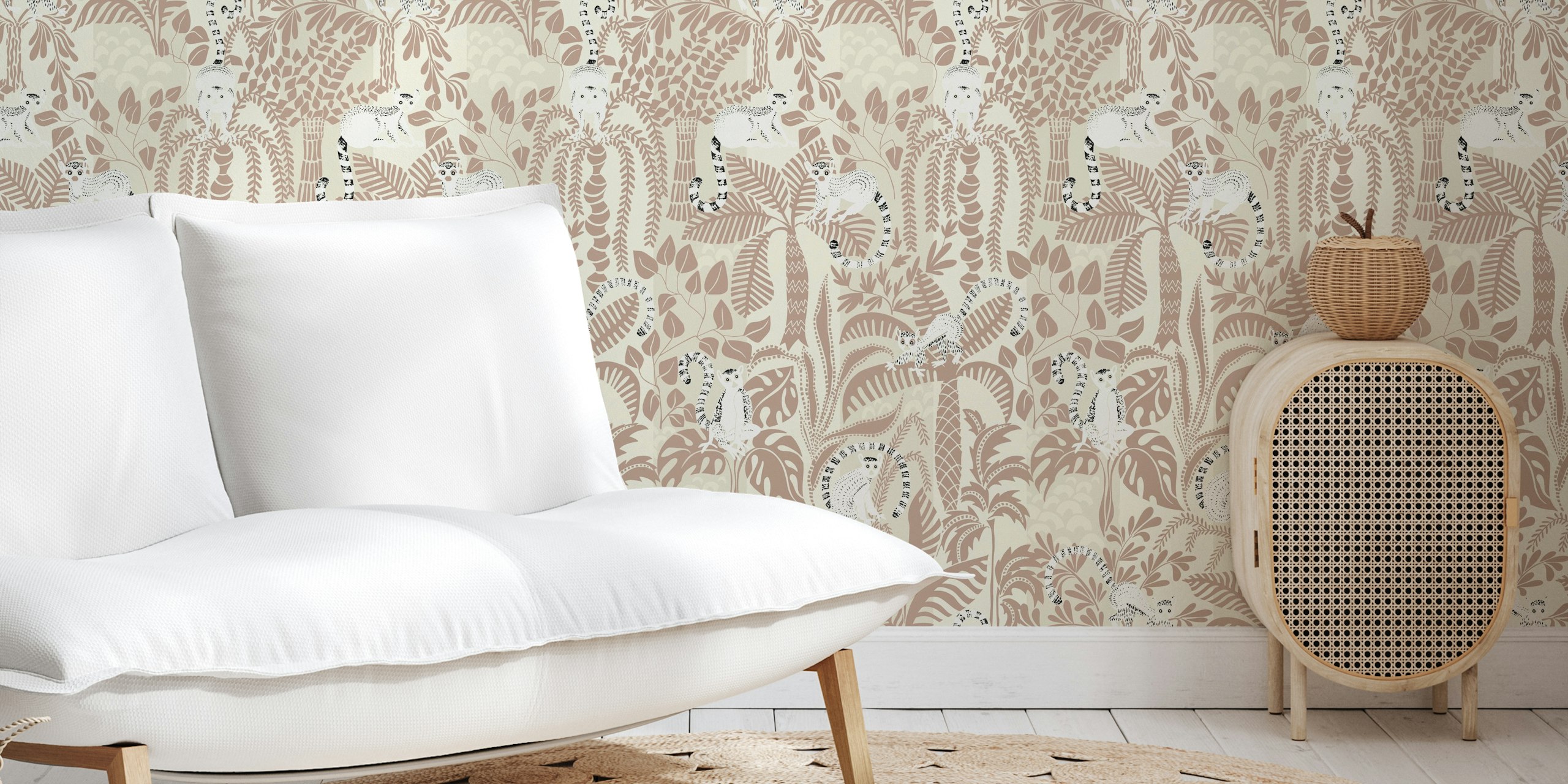 Jungle animals among tropical foliage in earthy tones wallpaper