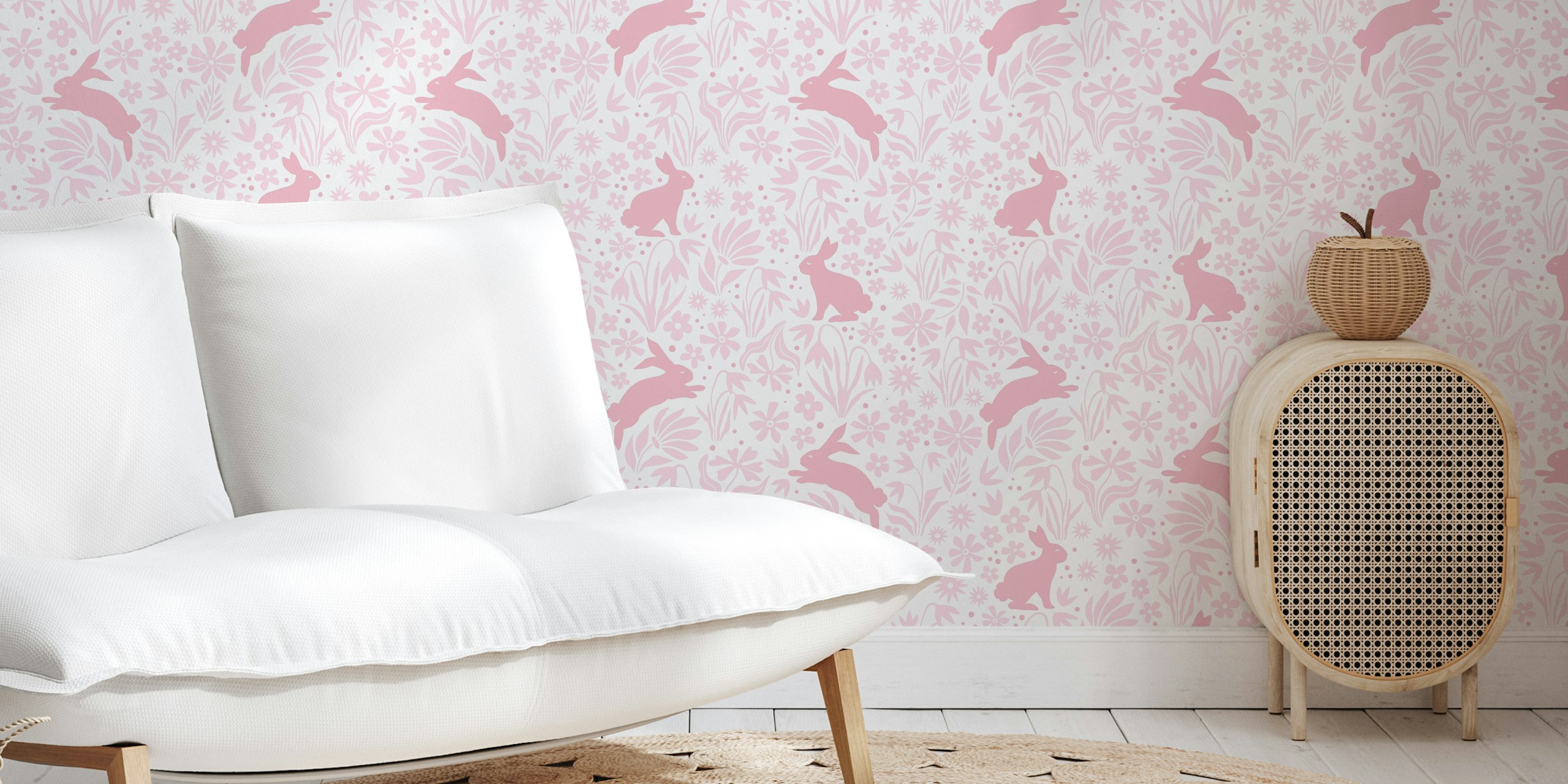 Bunnies and floral silhouettes wallpaper in a room
