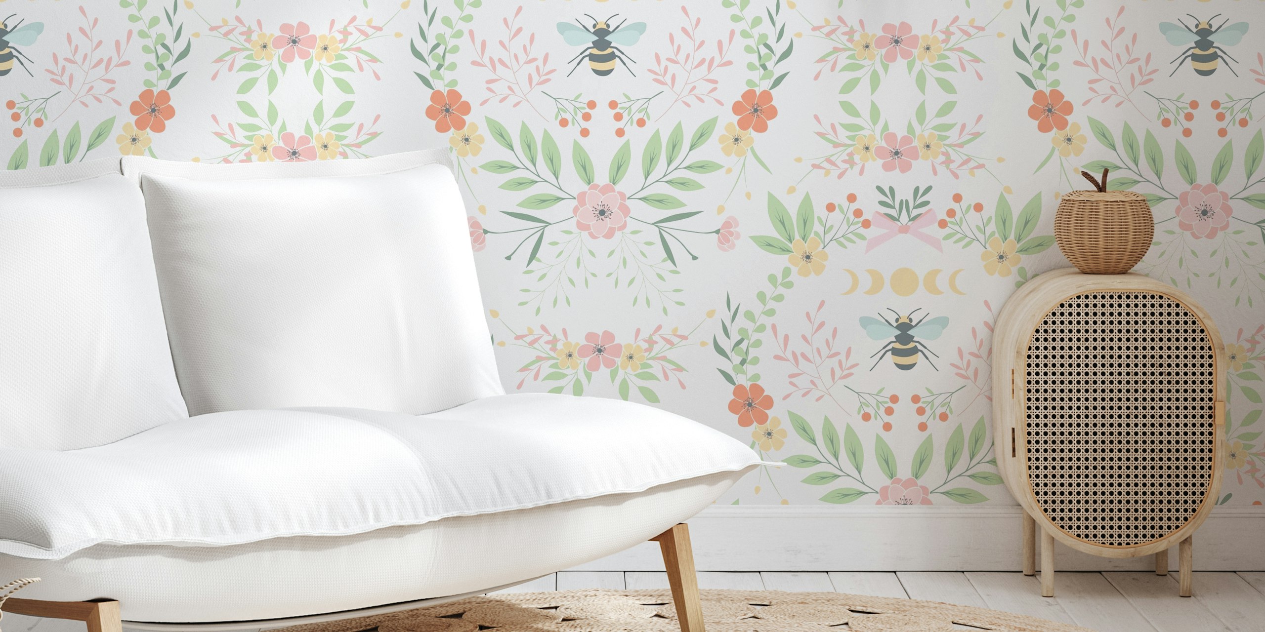 Floral bee pattern with soft pastel colors on white wallpaper