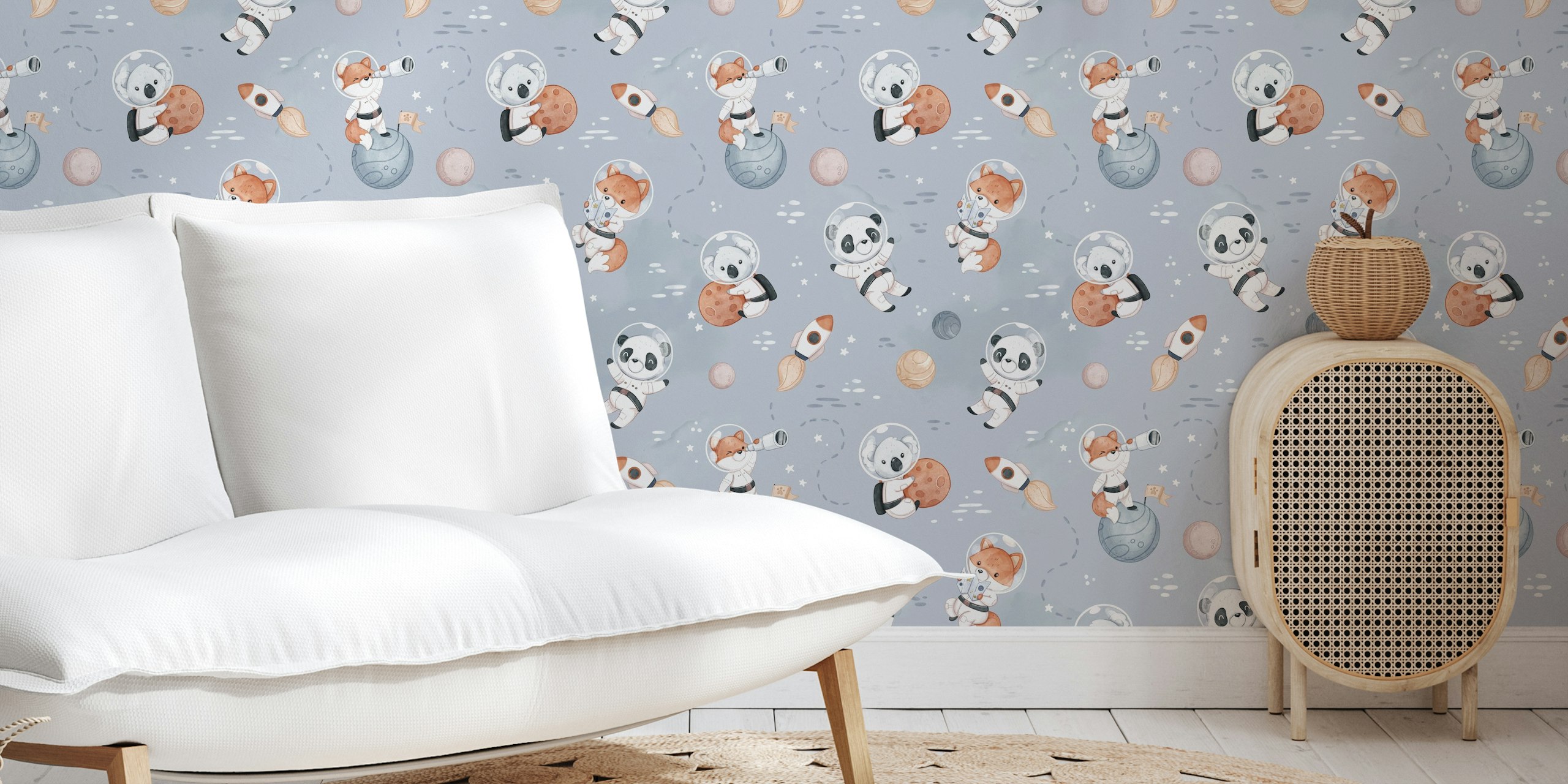 Whimsical animal wallpaper in kids' room