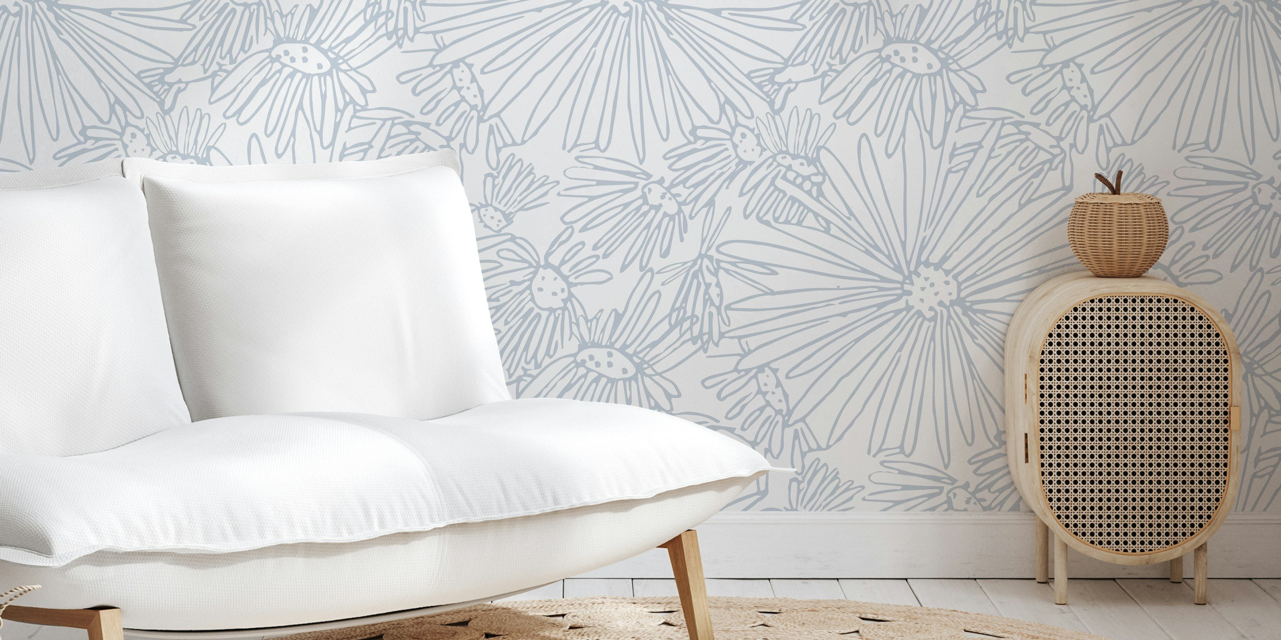 Blue floral sketches on white background wallpaper