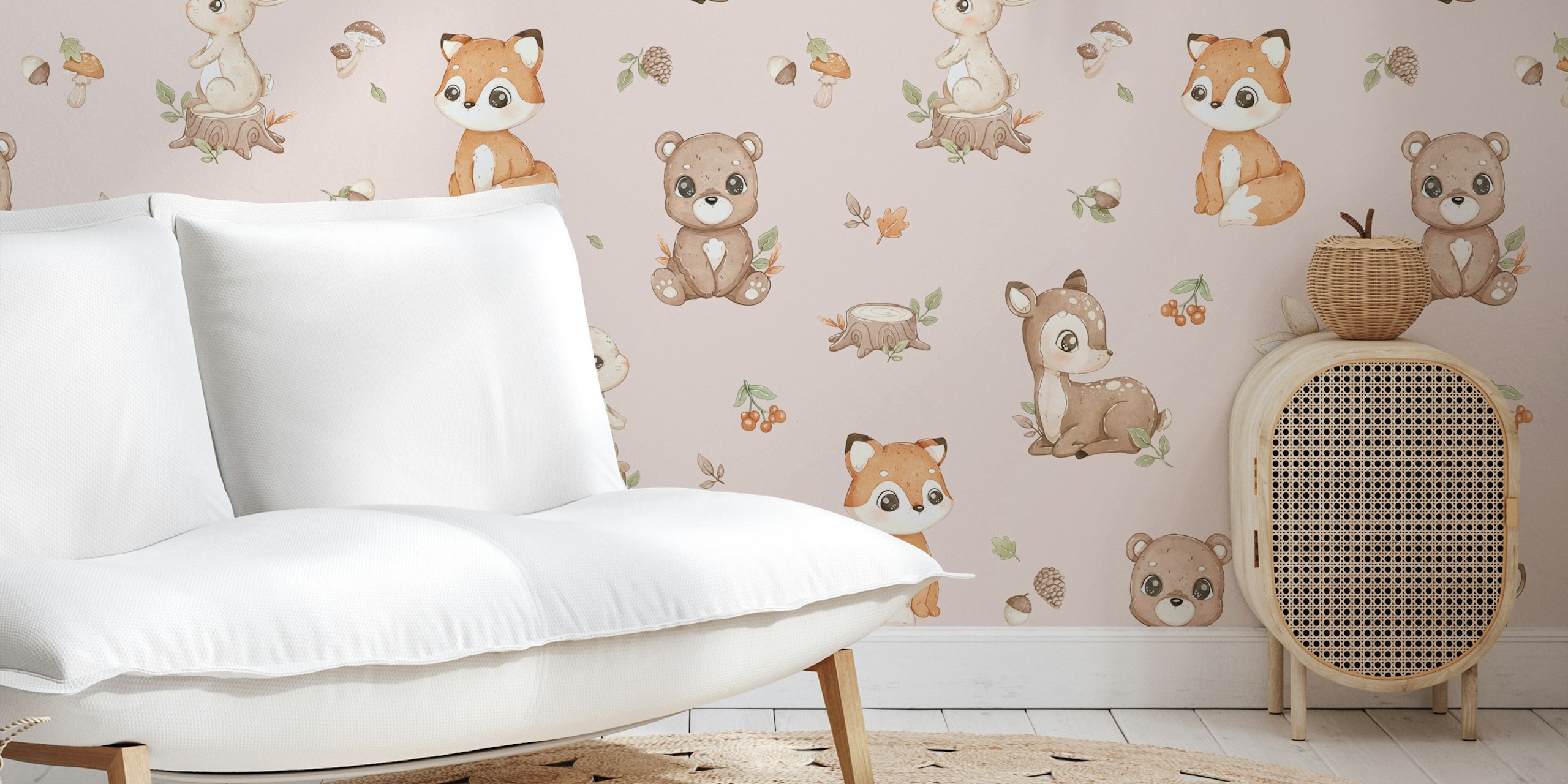 Little Woodland Friends dusty rose tapeta w pokoju