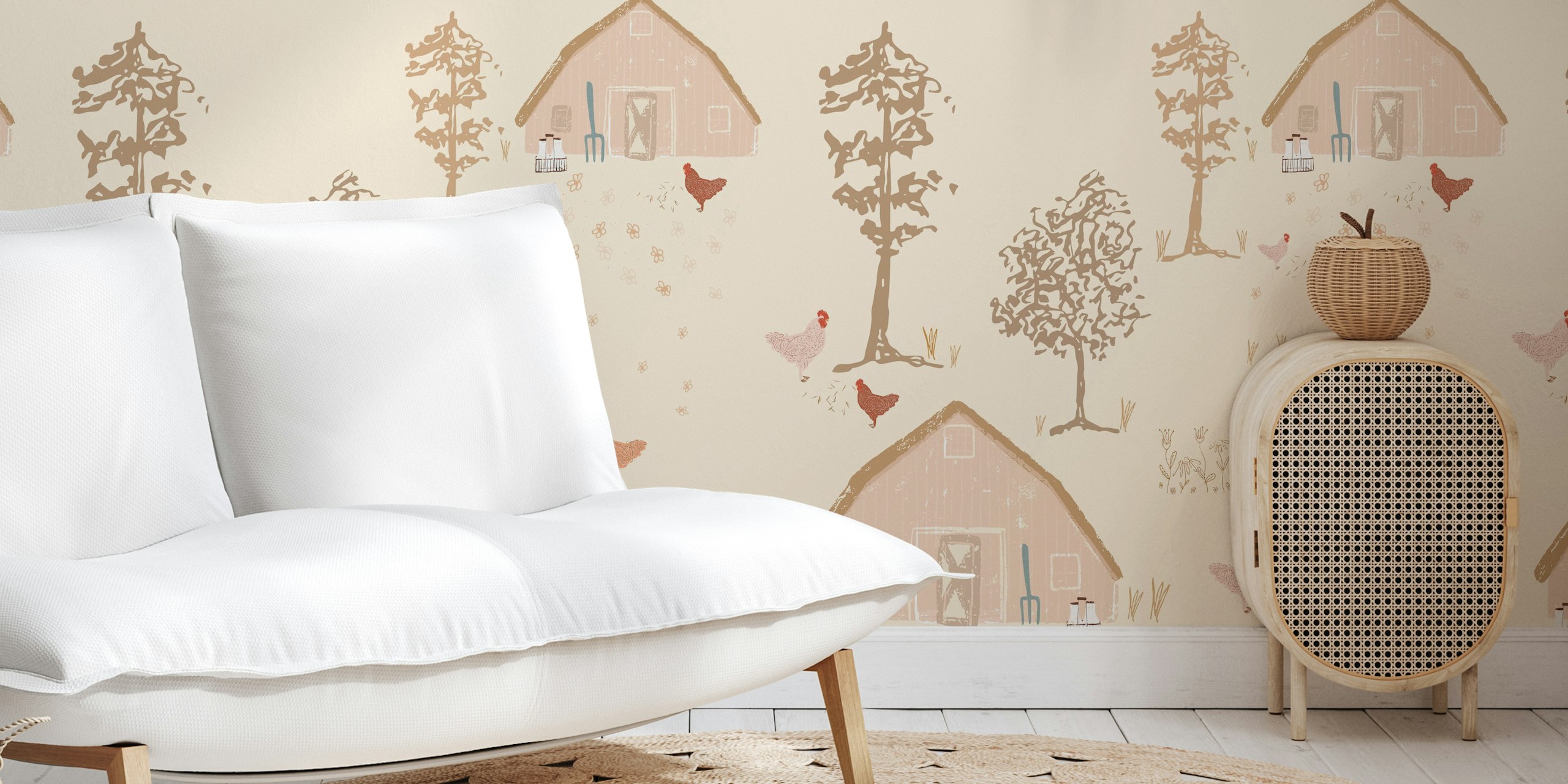 Rustic farmhouse design with barns, chickens, and trees wallpaper