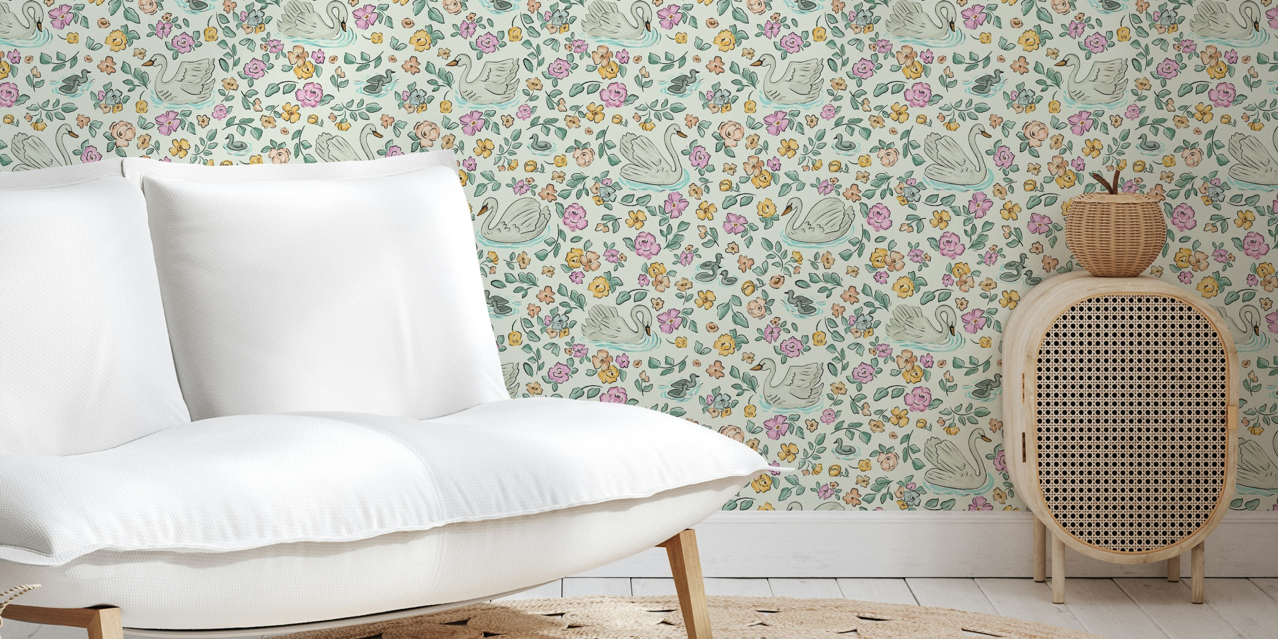 Design de papel de parede Elegant Swan Flora em um quarto